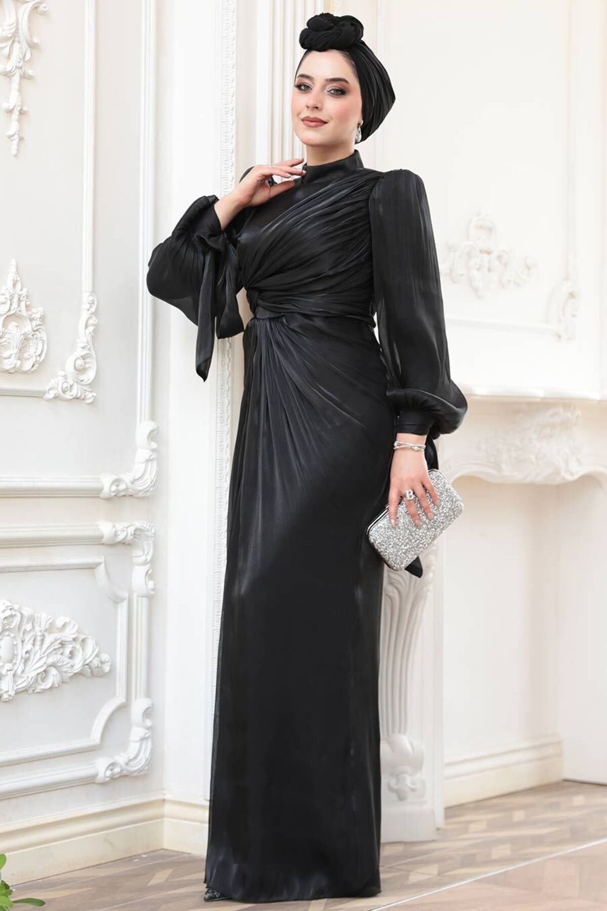 N.S NEVA STYLE-Drape Detailed Black Hijab Evening Dress 52285S 3
