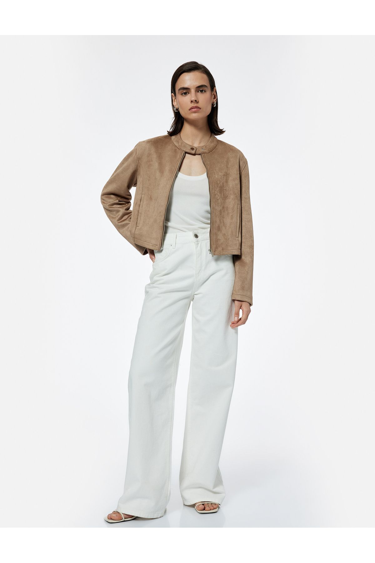 Koton Slim Fit Fermuarlı Cepli Uzun Kollu Dik Yaka Suni Süet Ceket