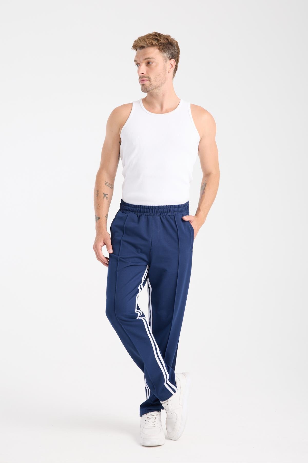 MYSPORT-6005 Indigo Men's Elastic Waist Drawstring Side Pockets Zippered Two Stripe Sweatpants 7