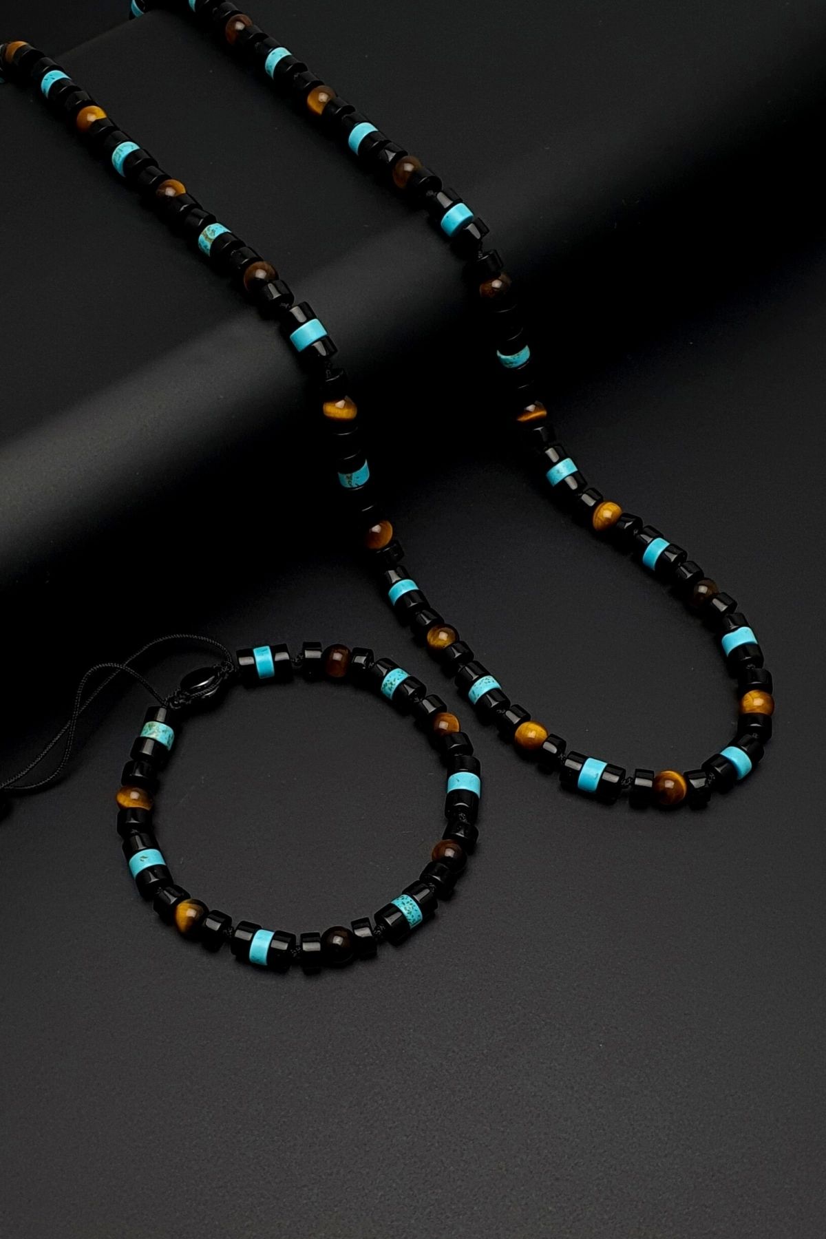 Seven Art Jewelry Doğaş Taş Set, Turkuaz, Akik ve Kaplan Gözü Kolye & Bileklik Set