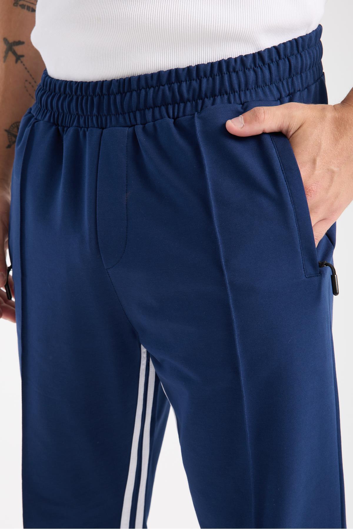 MYSPORT-6005 Indigo Men's Elastic Waist Drawstring Side Pockets Zippered Two Stripe Sweatpants 8