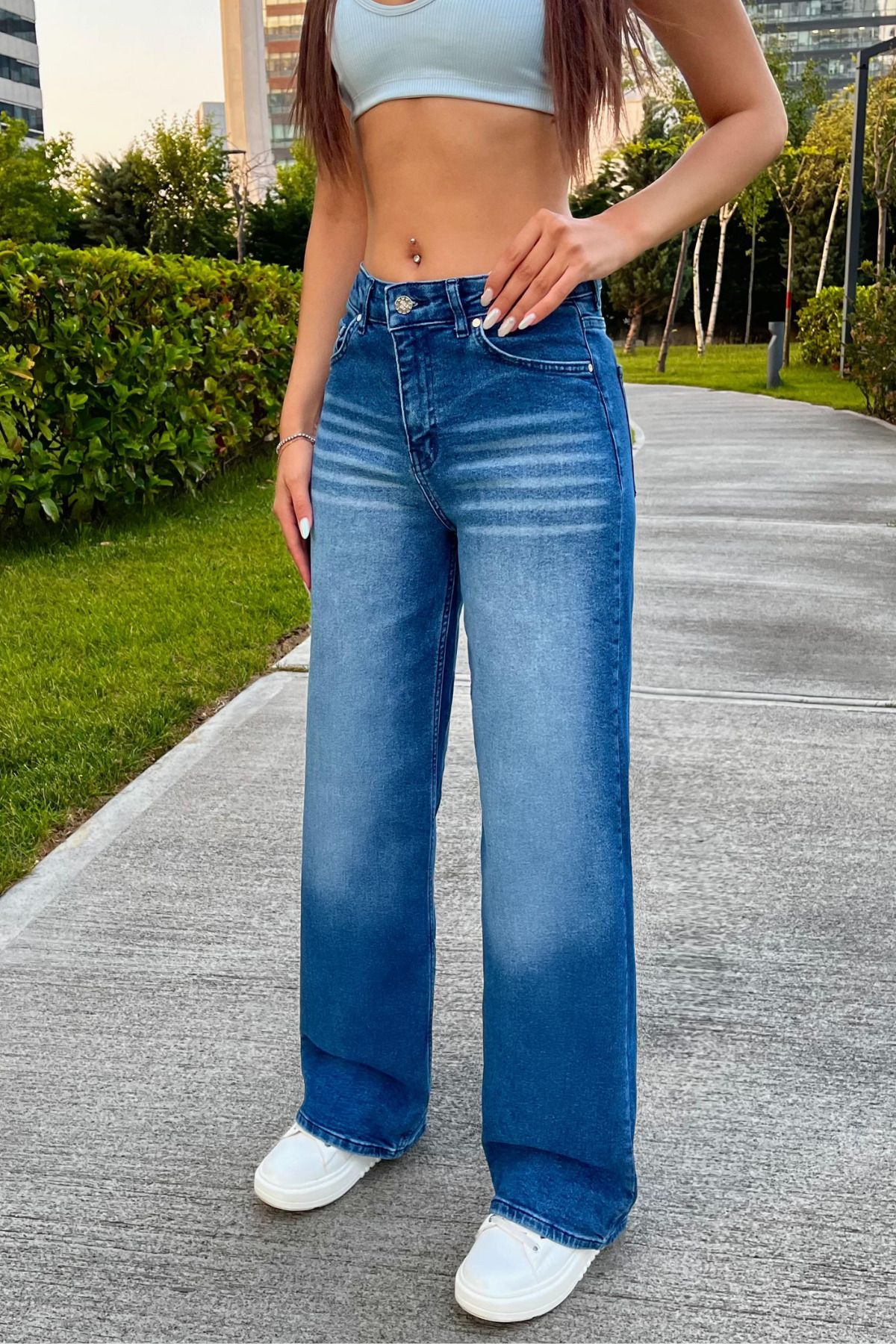 BİKELİFE Kadın Yüksek Bel Esnek Soluk Efektli Vintage Geniş Paça Wide Leg Rahat Jean