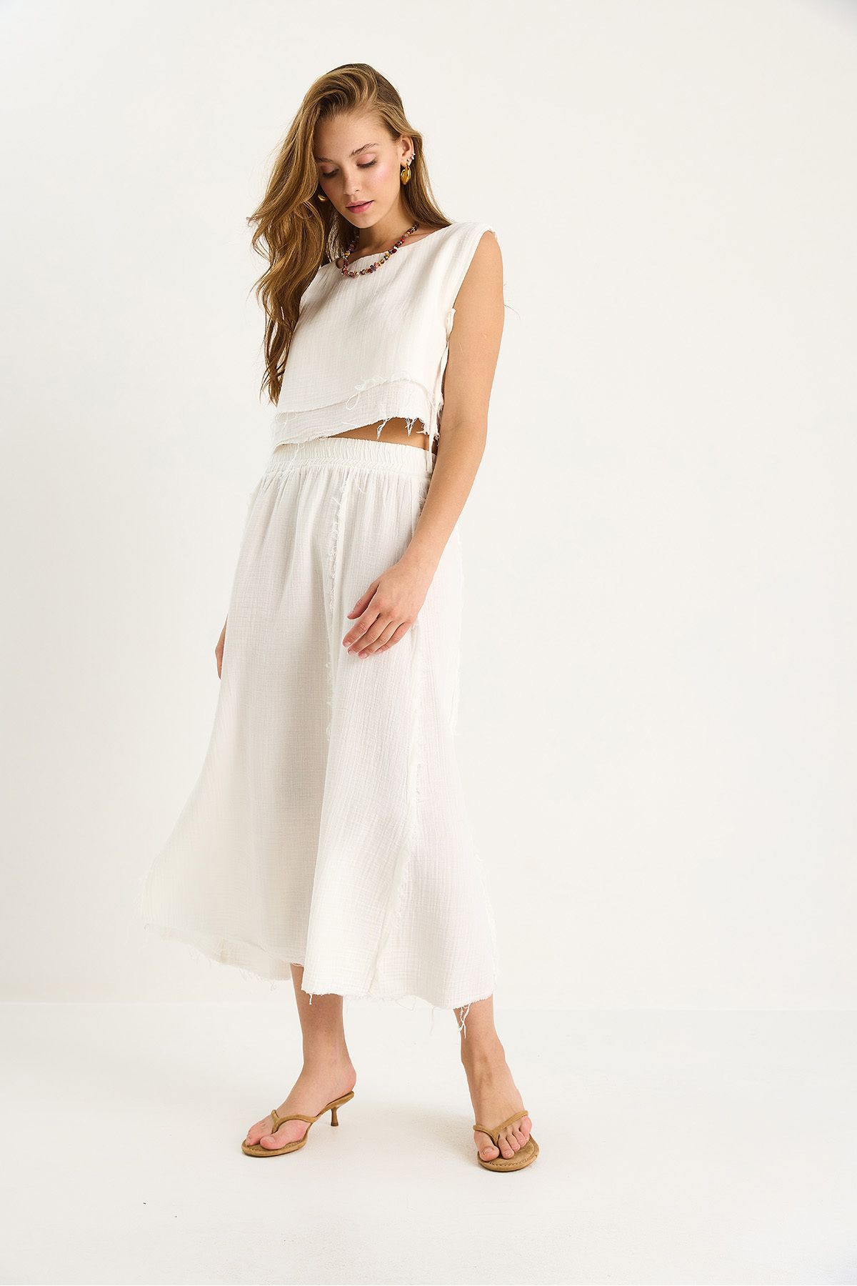Bianco Lucci-Women's Elastic Waist Skirt with Side Tie Detail Crop Muslin Bottom-Top Set 60283236 2