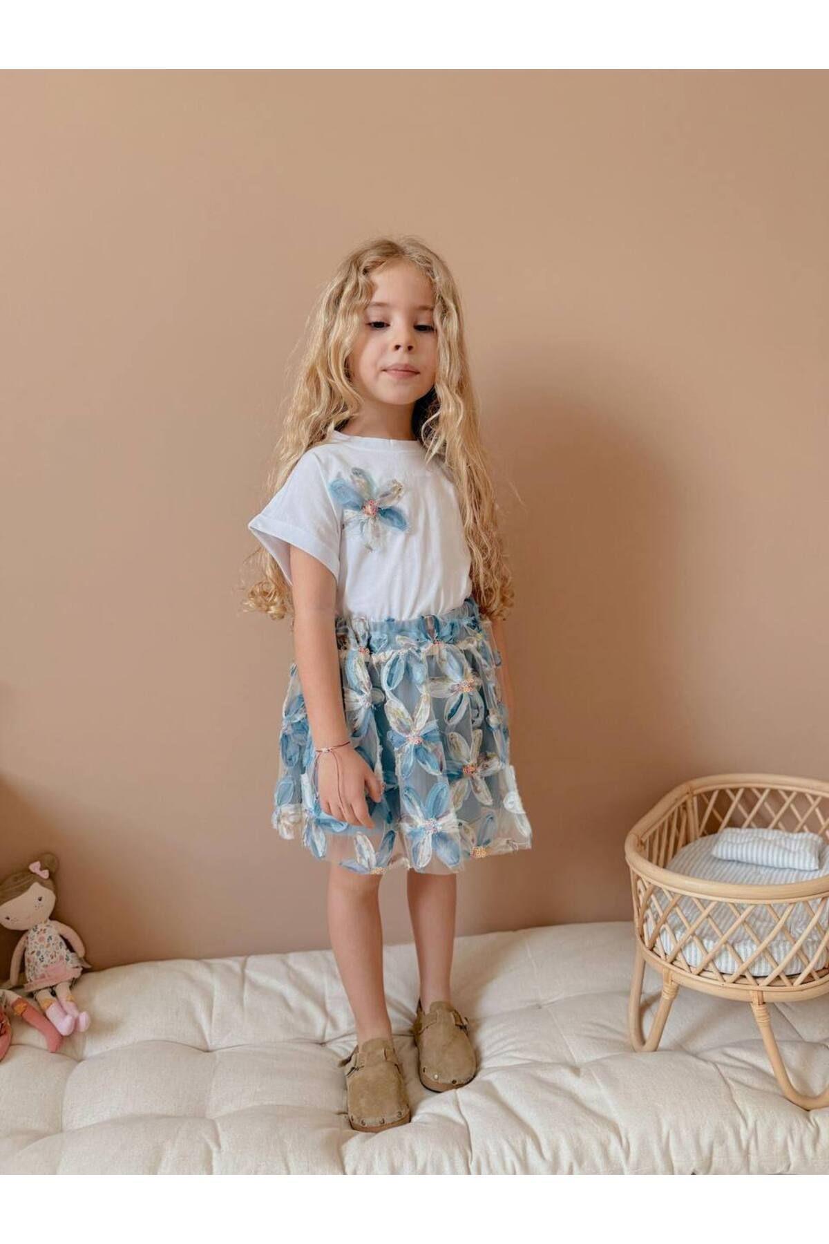 MİO-Girl's Floral Skirt Blouse Set Blue 3