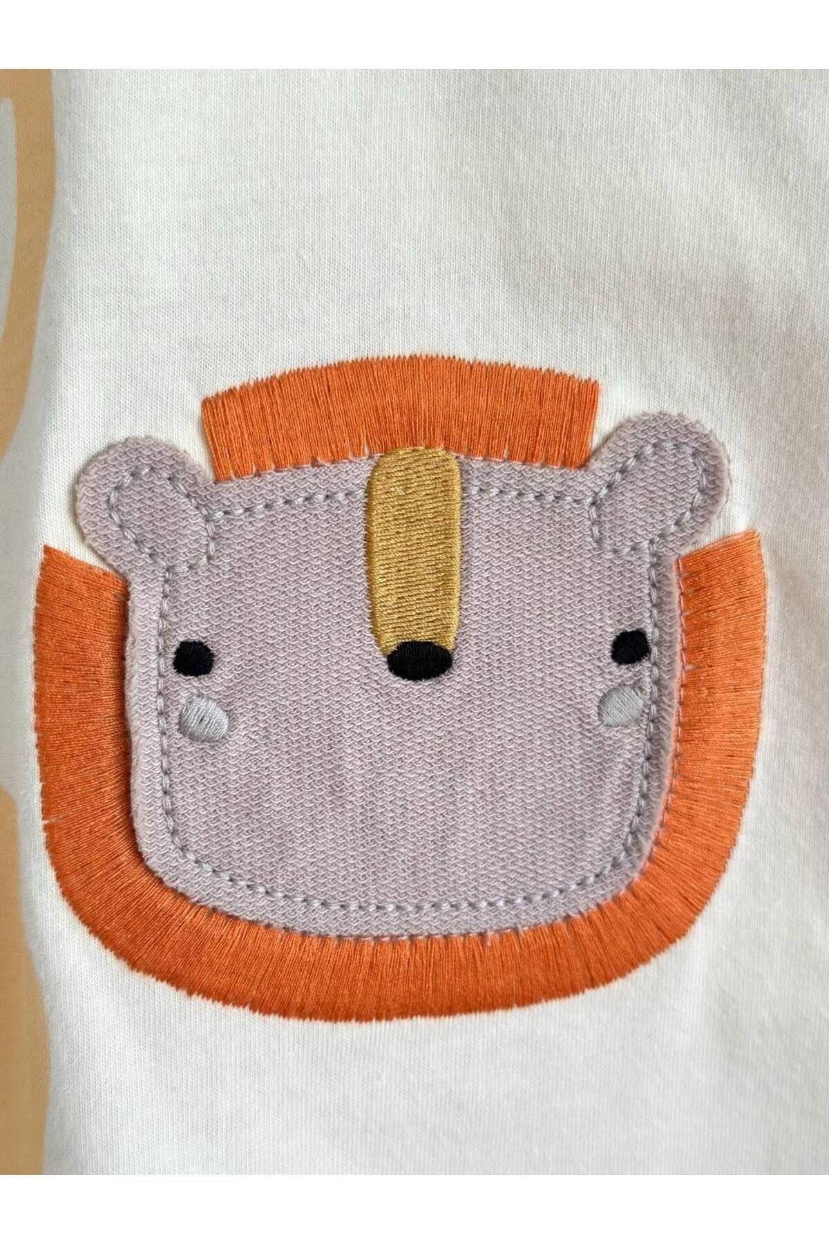 MİO-Boy's Cotton Ecru Orange Safari Friends Suit - Orange with 3D Lion and Tiger Applique 4