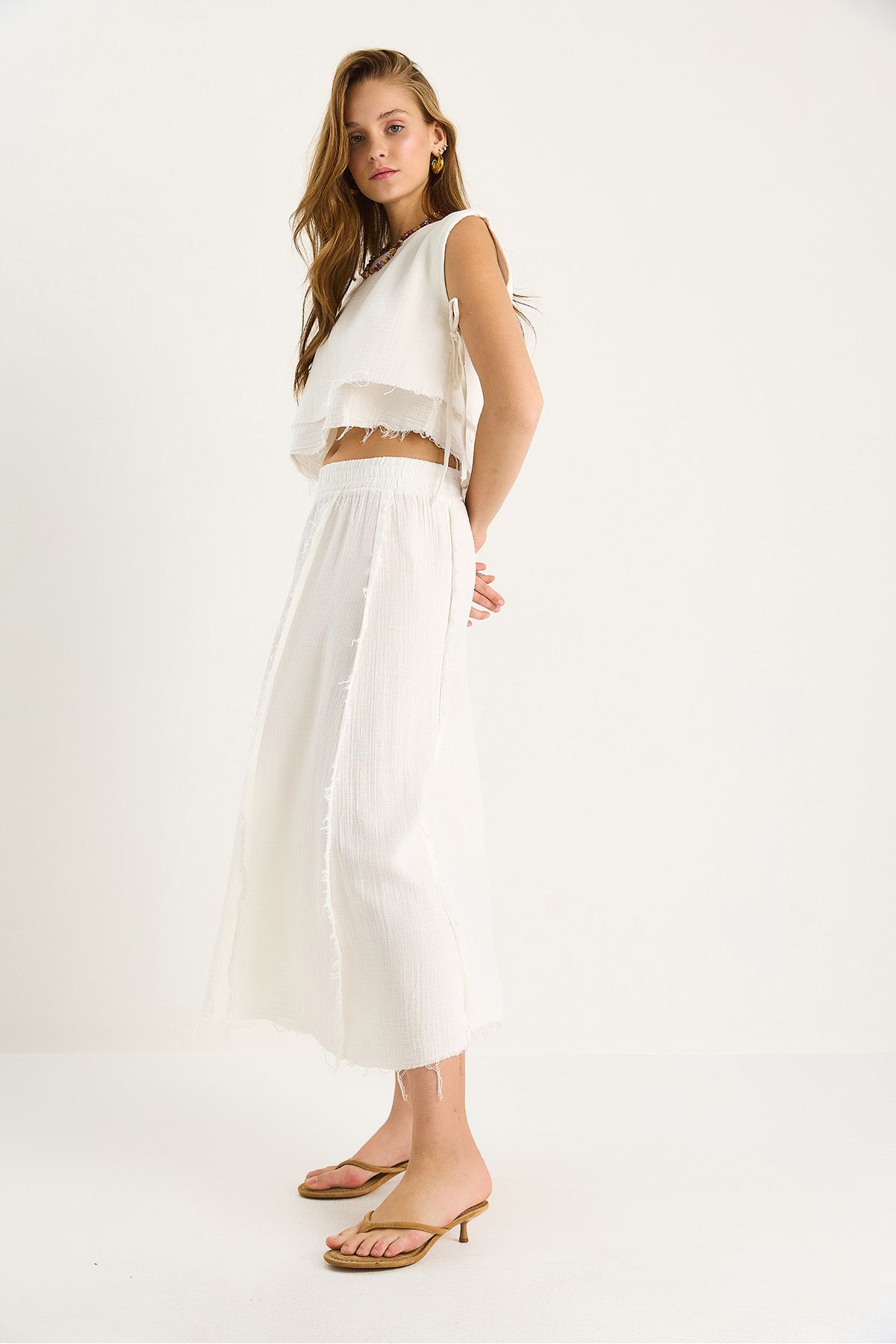 Bianco Lucci-Women's Elastic Waist Skirt with Side Tie Detail Crop Muslin Bottom-Top Set 60283236 4