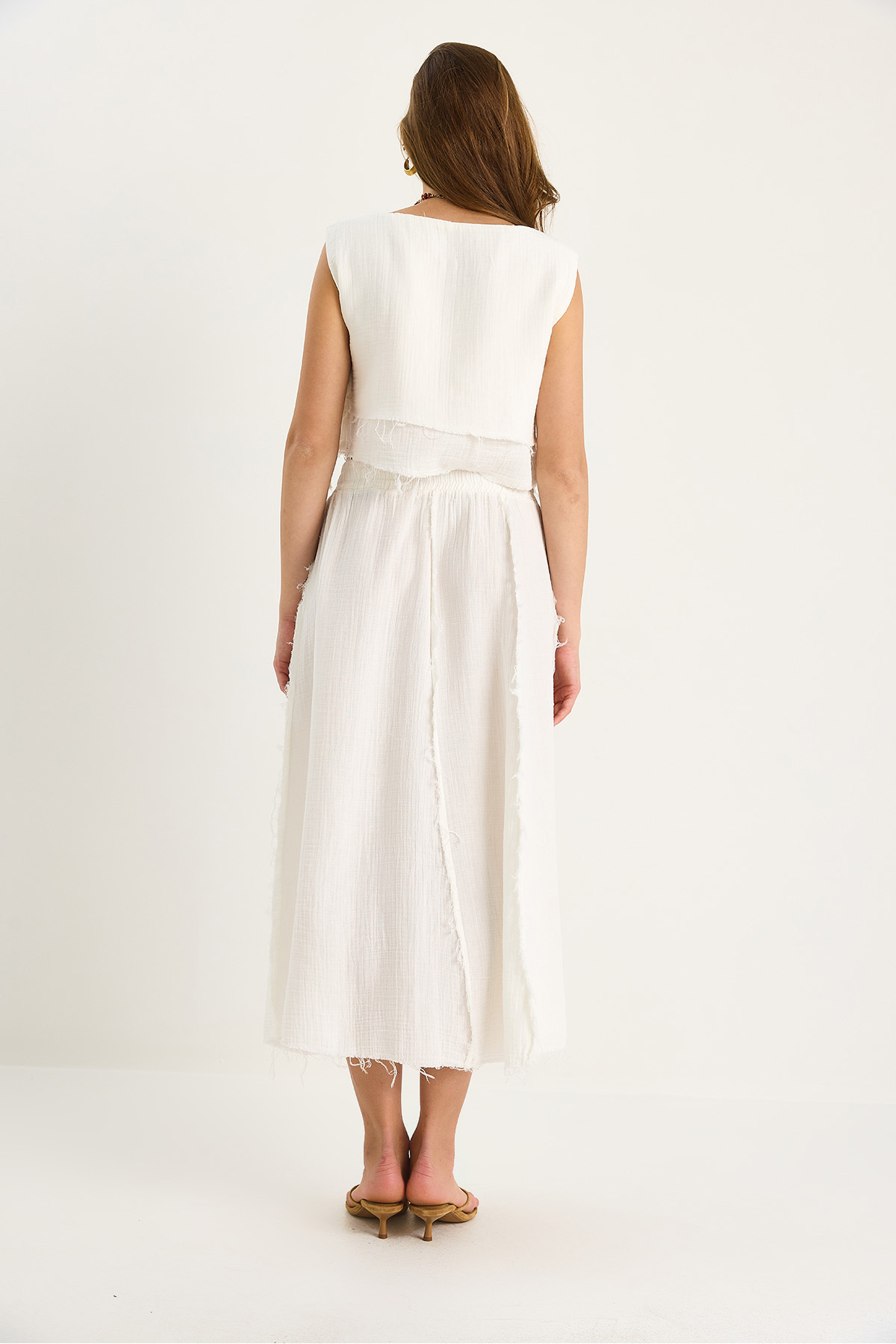 Bianco Lucci-Women's Elastic Waist Skirt with Side Tie Detail Crop Muslin Bottom-Top Set 60283236 6