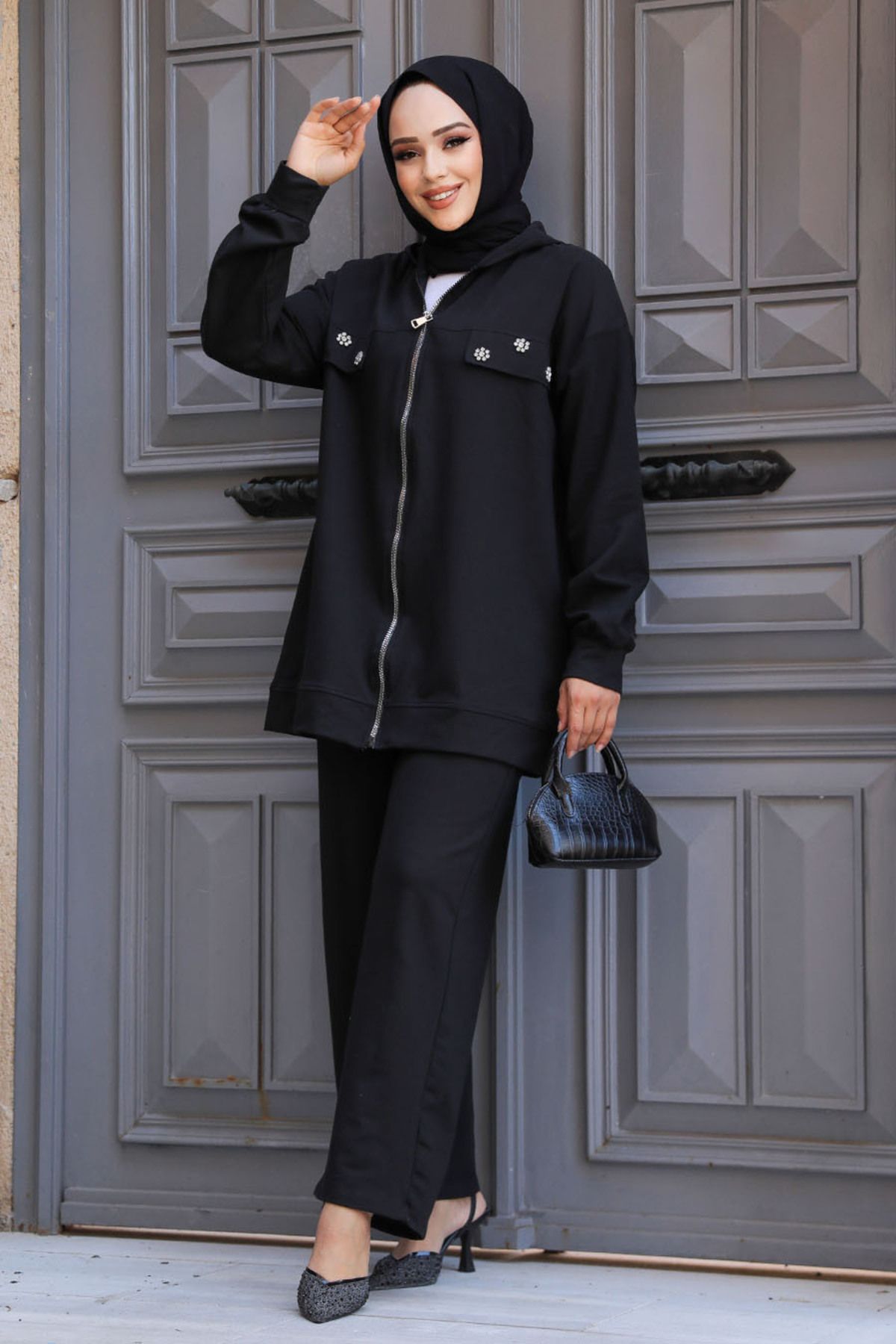 Neva Style-Black Hooded Hijab Double Suit - 20121S 1