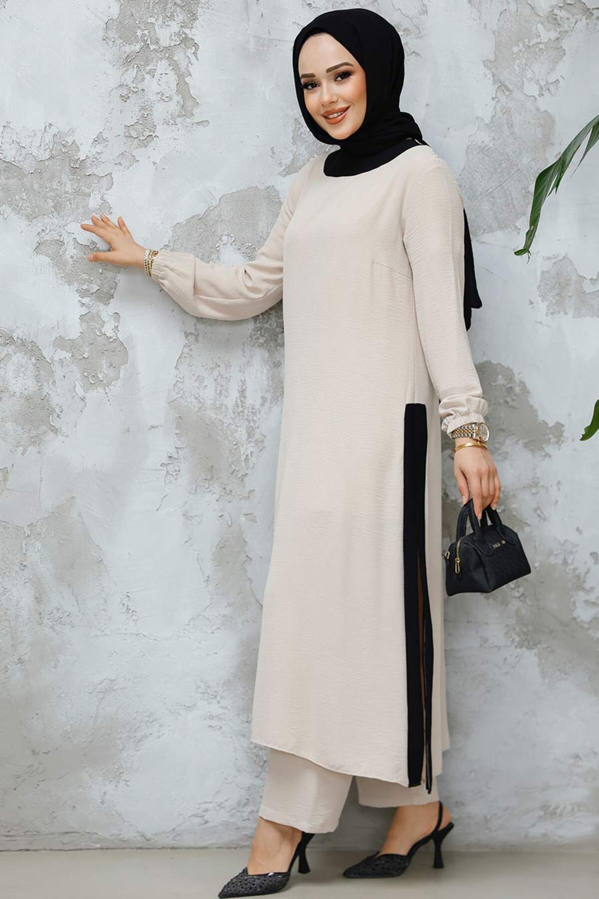 Neva Style-طقم حجاب مزدوج باللون البيج - شق مفصل 65877BEIGE 3