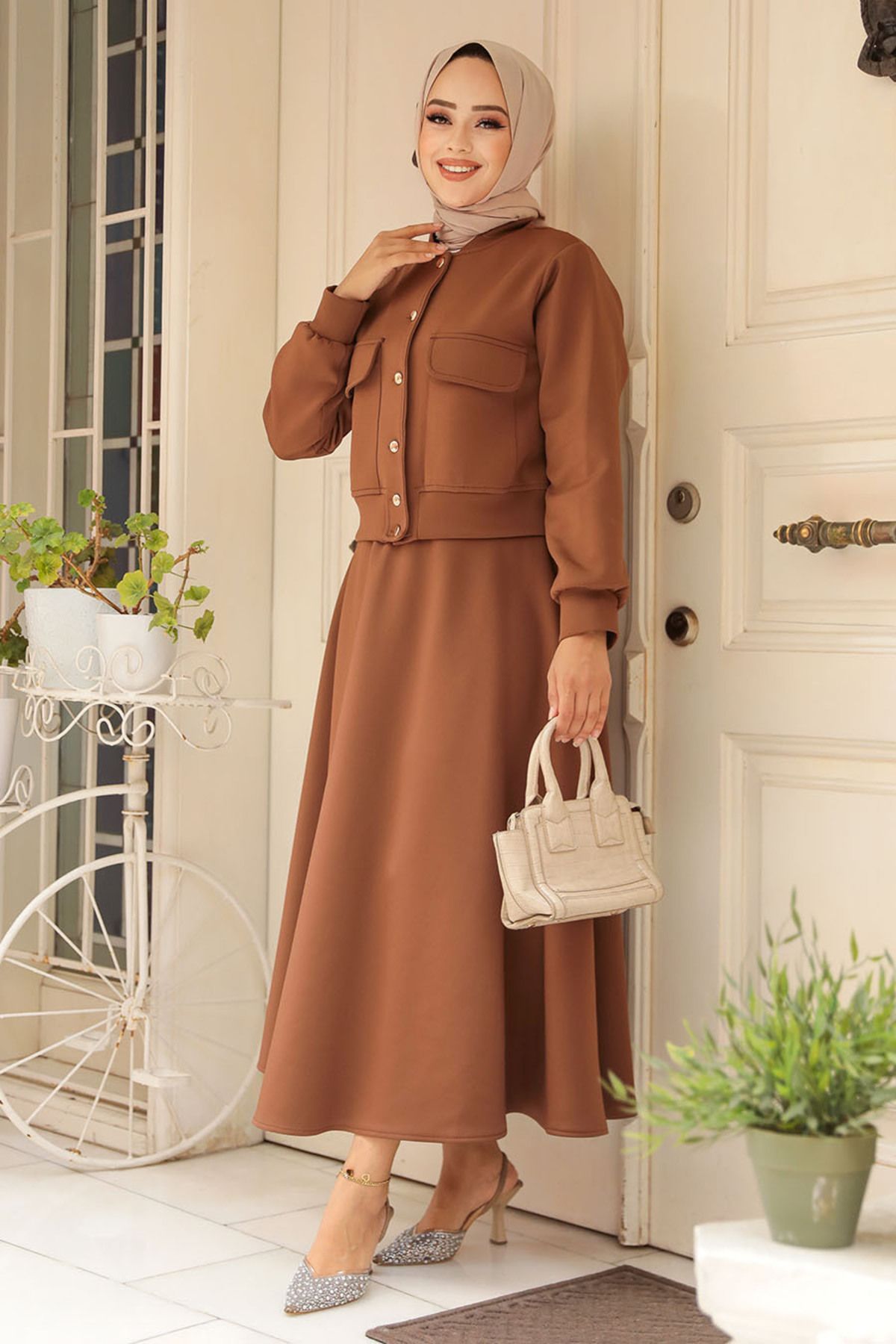Neva Style-Set dublu cu nasturi cu fustă Hijab maro - 12261KH 2