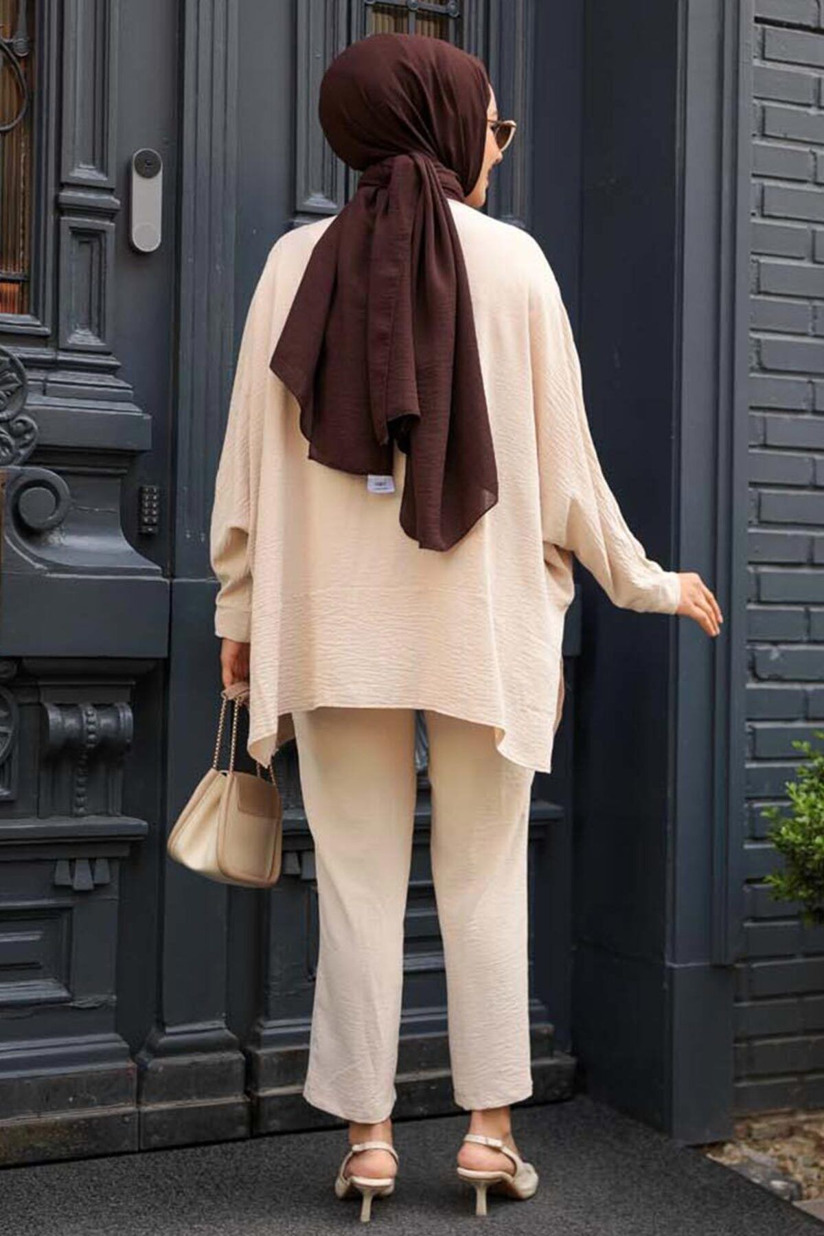 Neva Style-Beige Hijab Double Set - Buttoned, 67751BEIGE 4