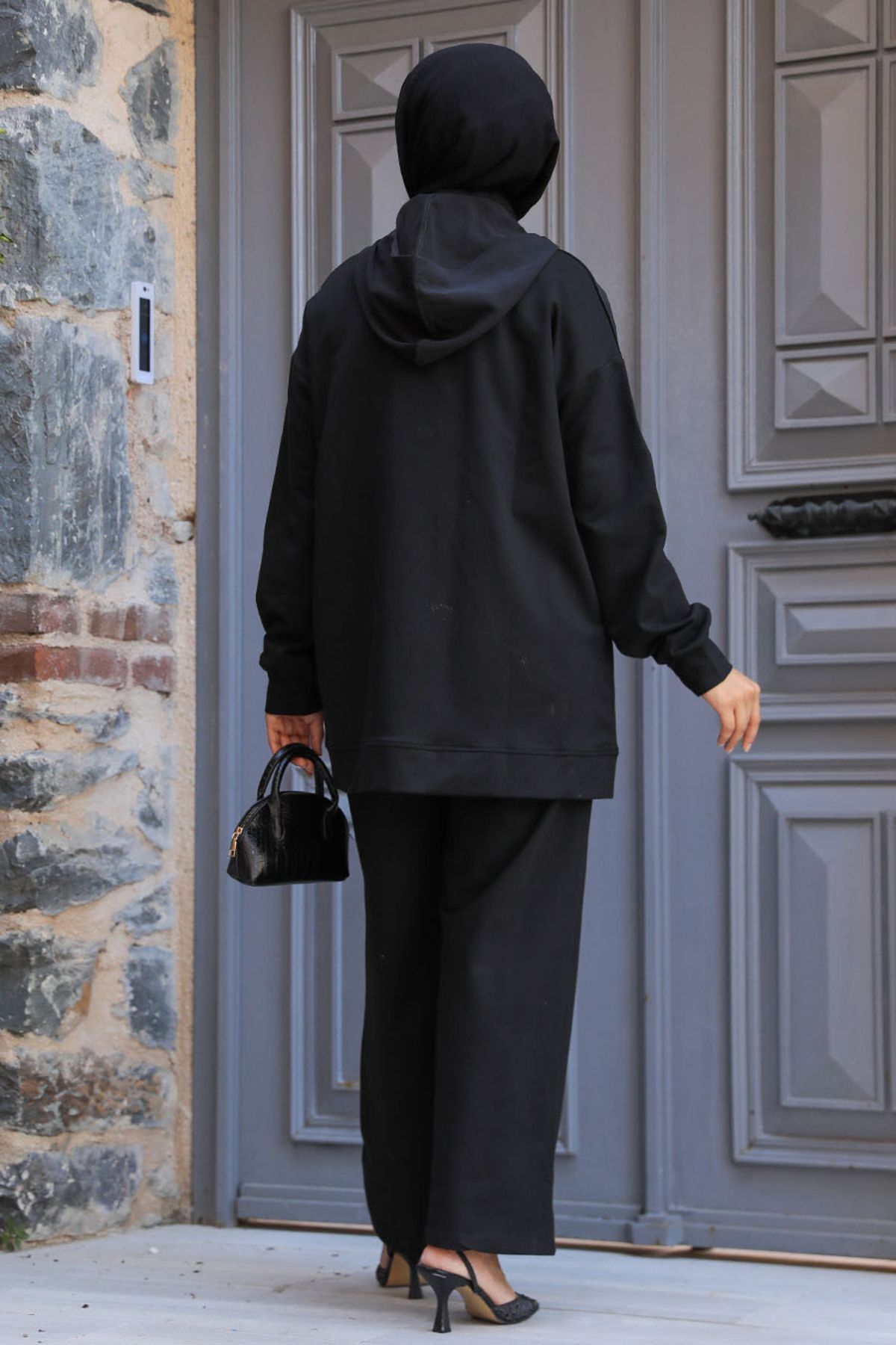 Neva Style-Black Hooded Hijab Double Suit - 20121S 3