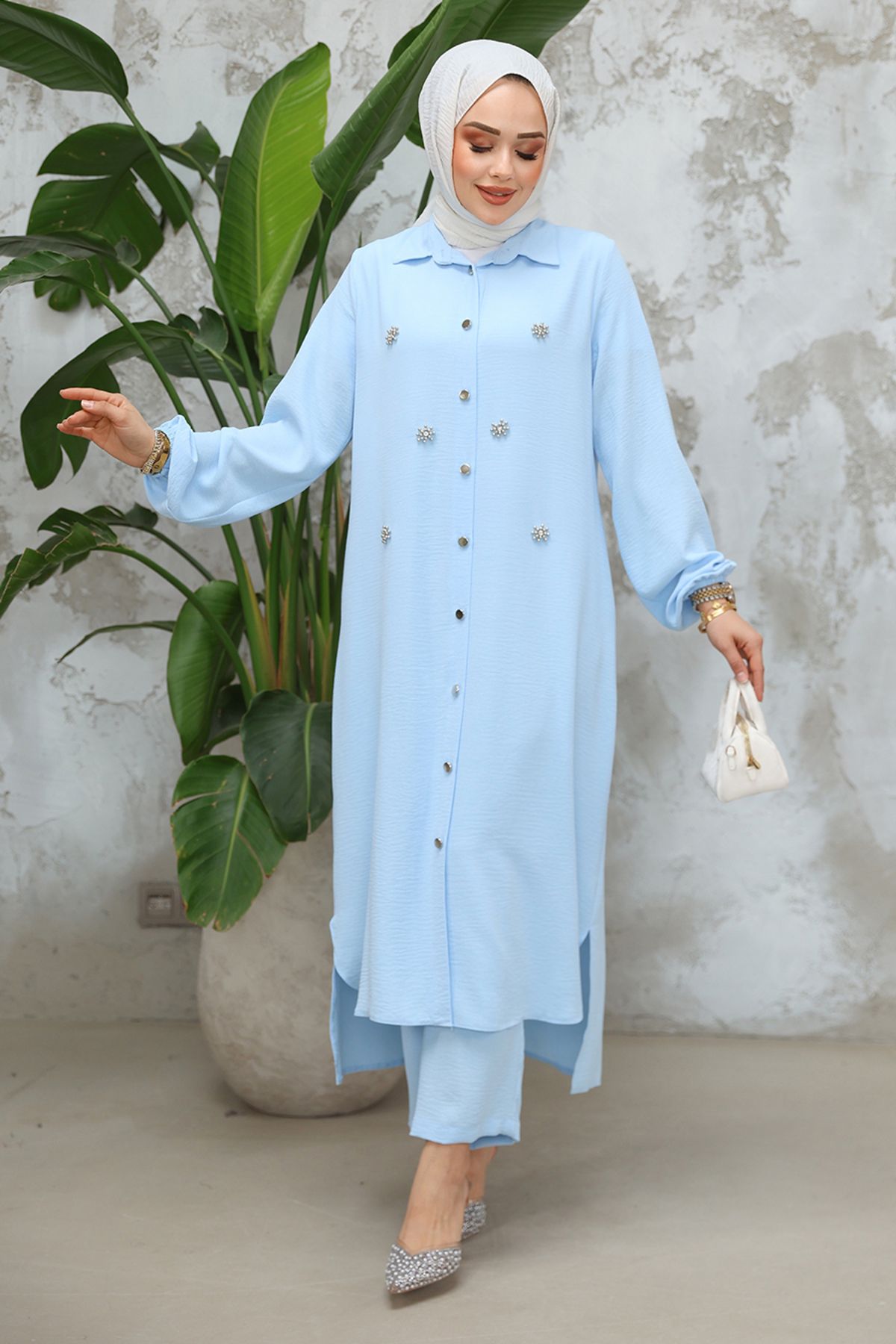 Neva Style-Beaded Detailed Baby Blue Hijab Double Set 12082Bm 3