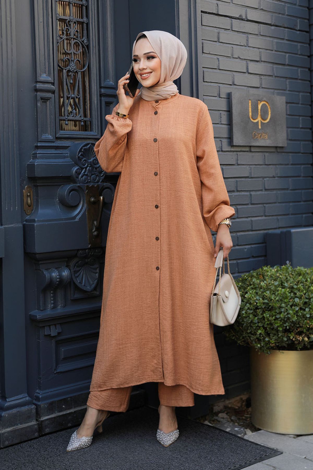 N.S NEVA STYLE-Buttoned Biscuit Hijab Double Set 19017Bs 3