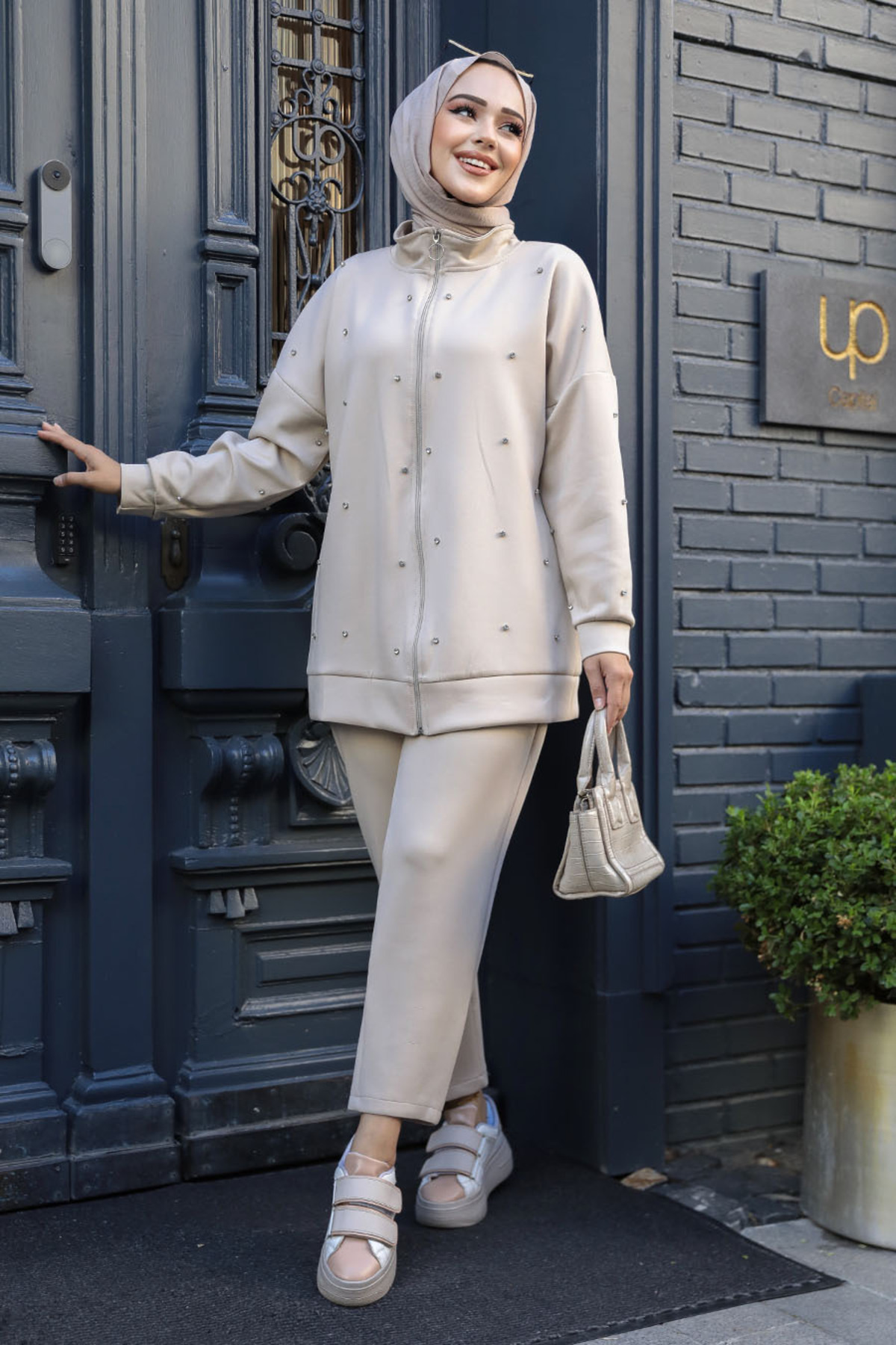 Neva Style-Set dublu Hijab Bej - Cu Fermoar, Model 12401BEJ 1