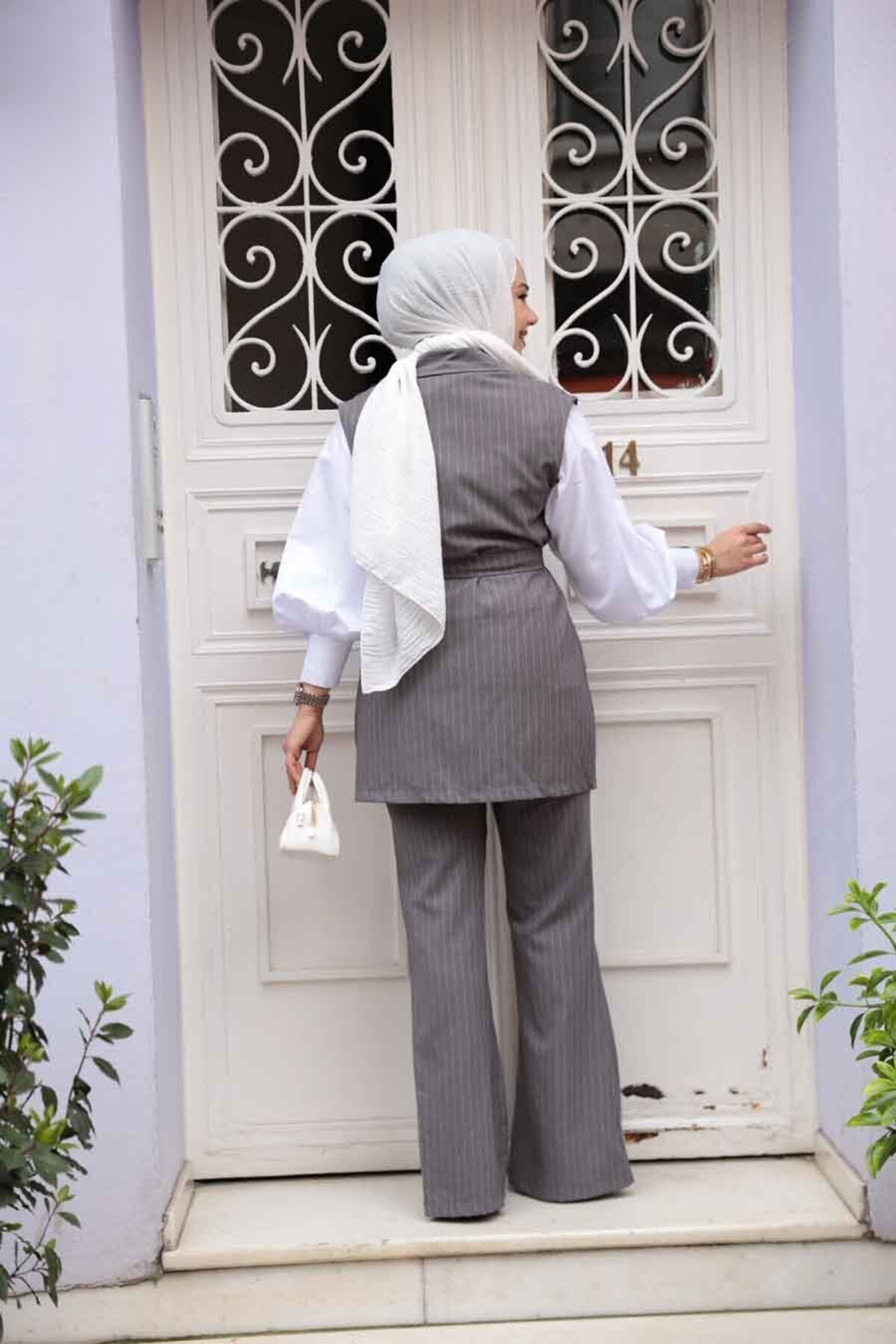 N.S NEVA STYLE-Striped Dark Gray Vest Hijab Double Suit 12551Kgr 4