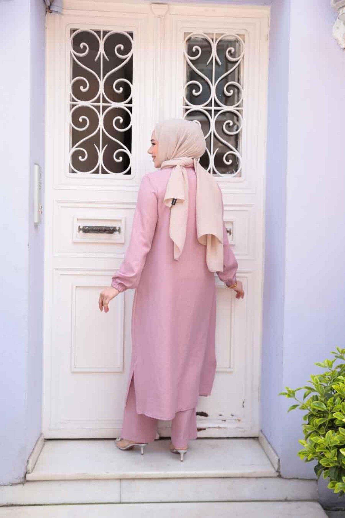 N.S NEVA STYLE-Dusty Rose Hijab Double Set with Buttons 19017Gk 4