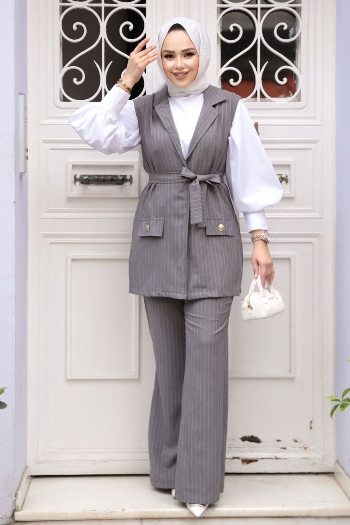 N.S NEVA STYLE-Striped Dark Gray Vest Hijab Double Suit 12551Kgr 2