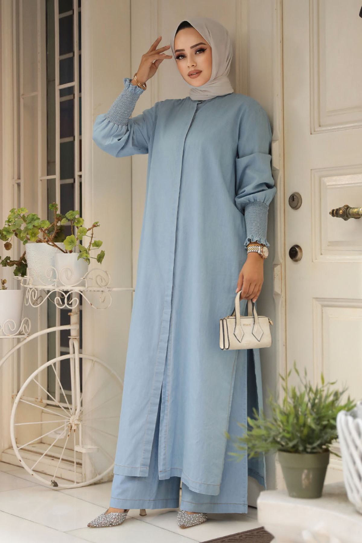 Neva Style-Blue Hijab Jeans Double Suit - Hidden Button, 19022m 2