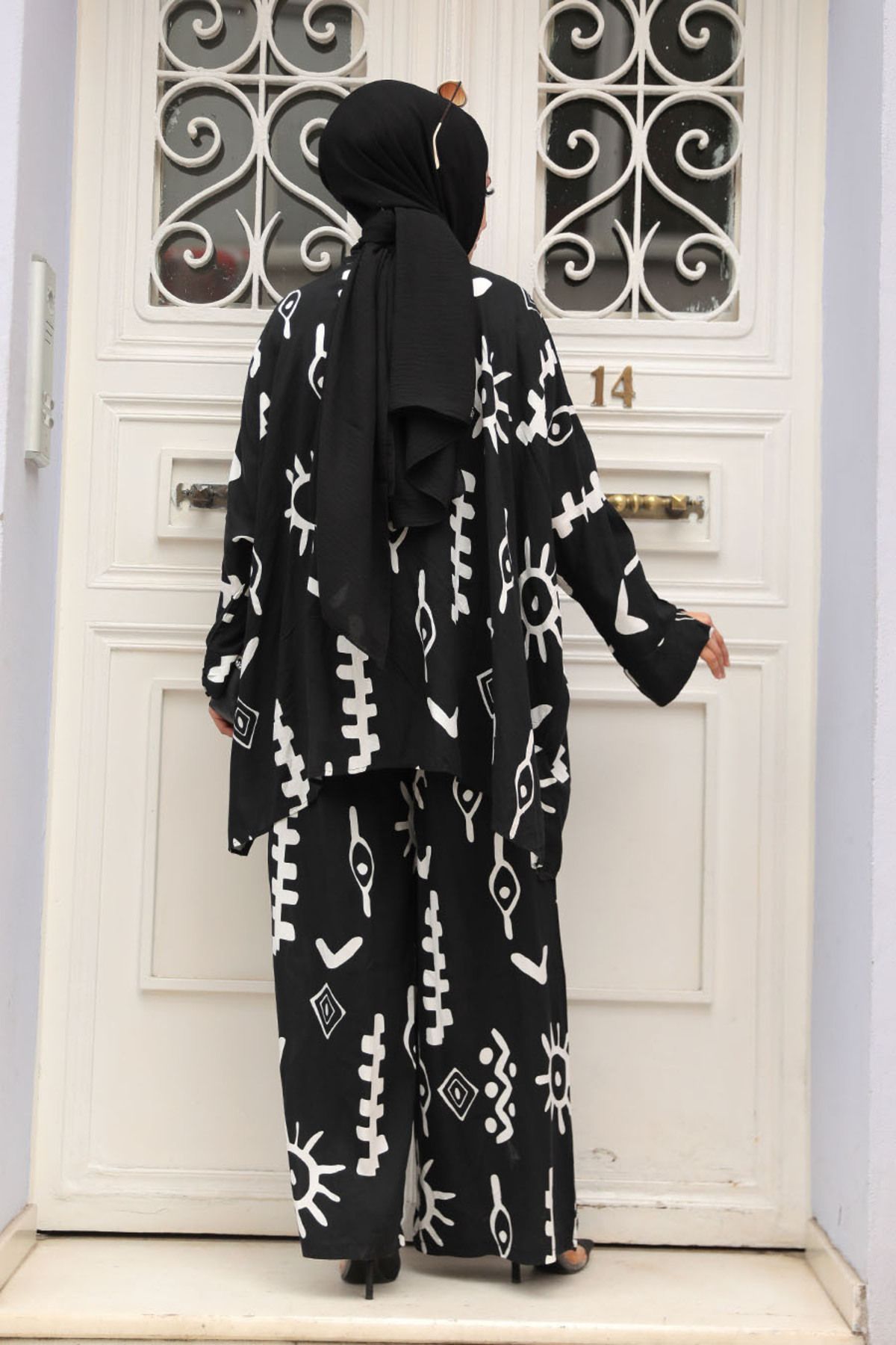 Neva Style-Black Patterned Hijab Double Set - 12294S 4