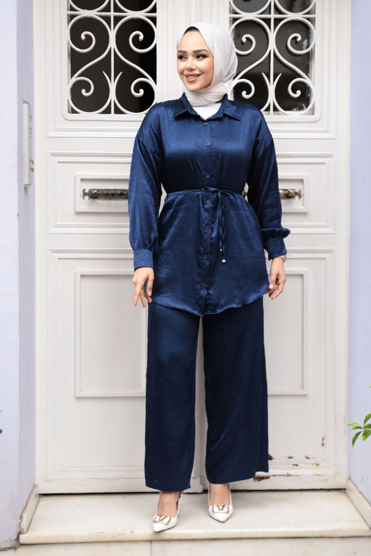 N.S NEVA STYLE-Buttoned Navy Blue Hijab Double Suit 4016L 1