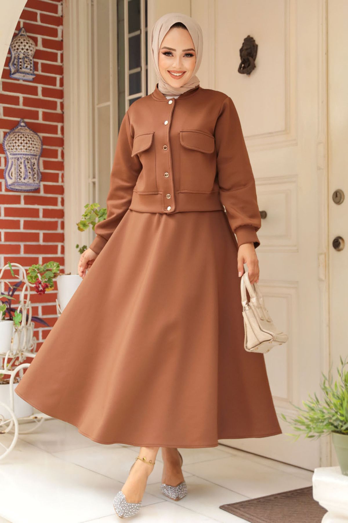 Neva Style-Set dublu cu nasturi cu fustă Hijab maro - 12261KH 1