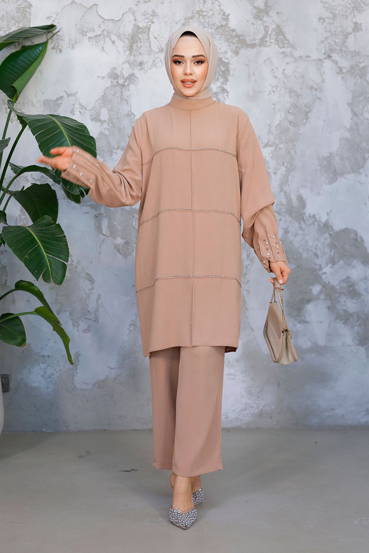 Neva Style-Costum dublu hijab cu broderie de perle 65883C 2