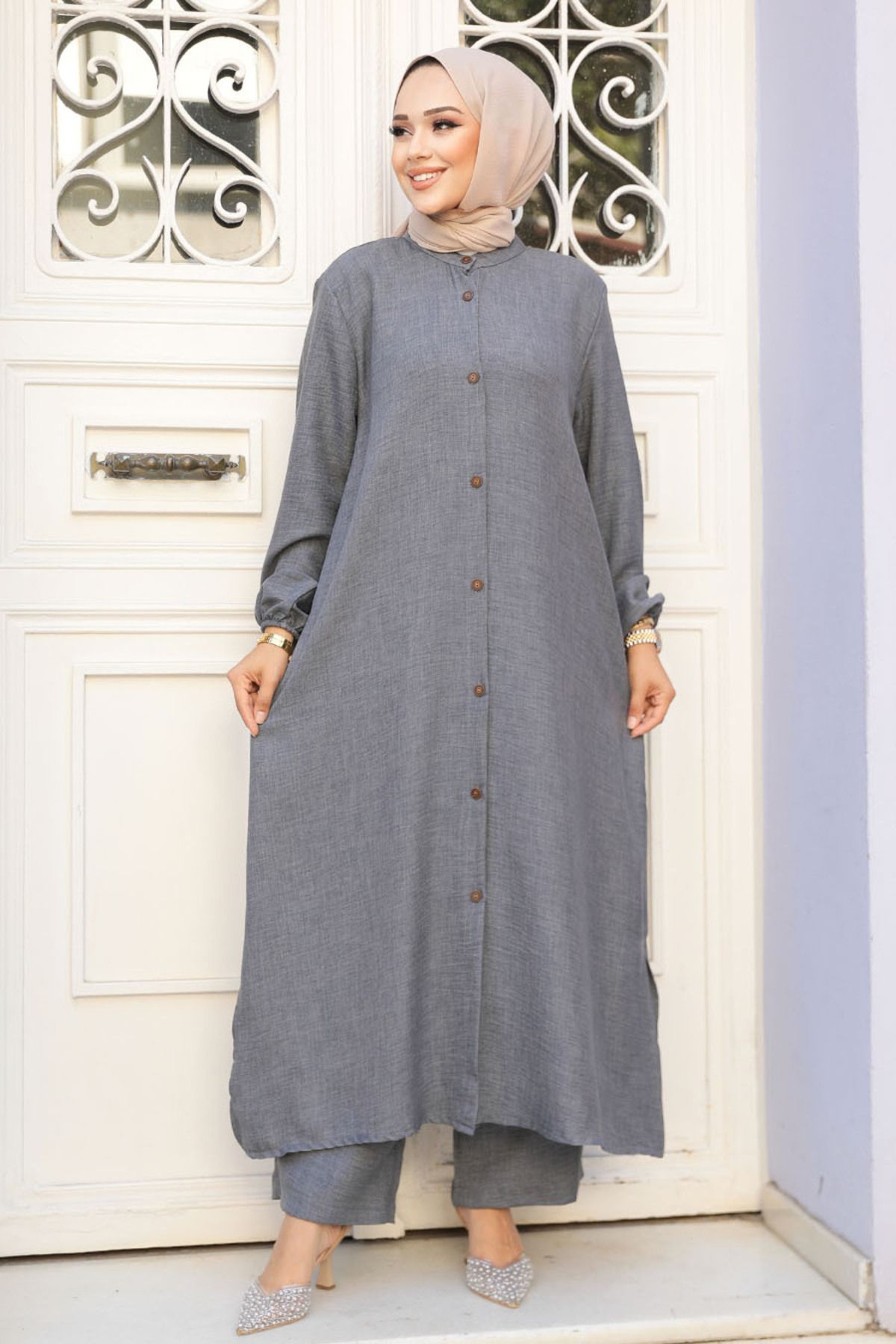 Neva Style-Smoked Hijab Double Set - Buttoned, 19017FU 3