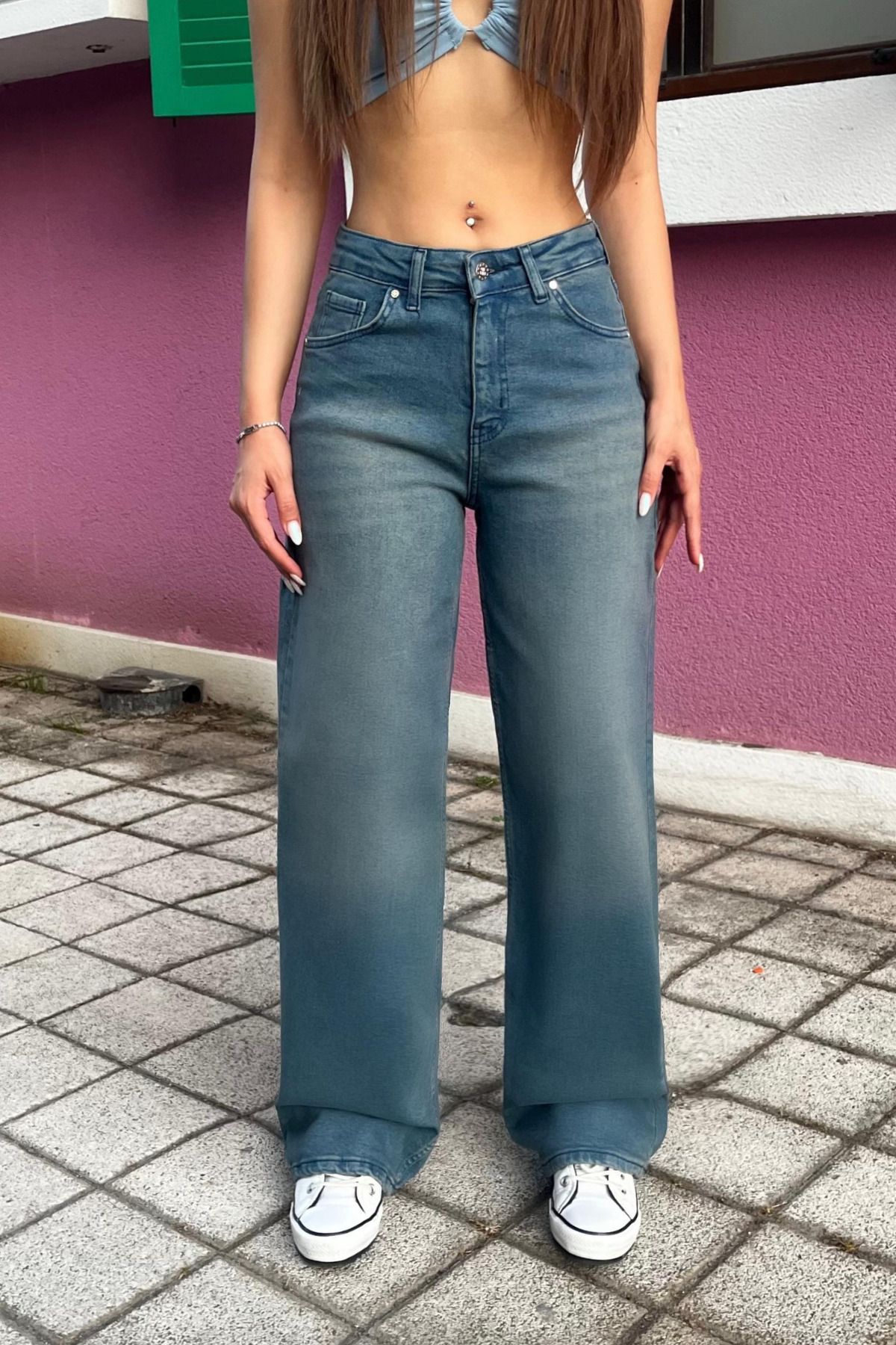 BİKELİFE Kadın Yüksek Bel Likralı Retro Efekt Geniş Paça Jean