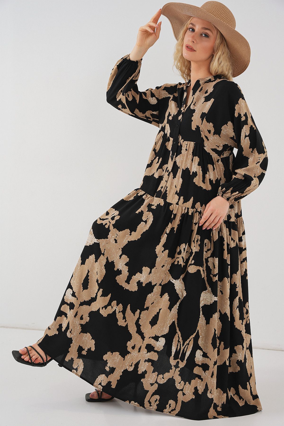 Bigdart-2423 Model Authentic Patterned Beige Dress 2