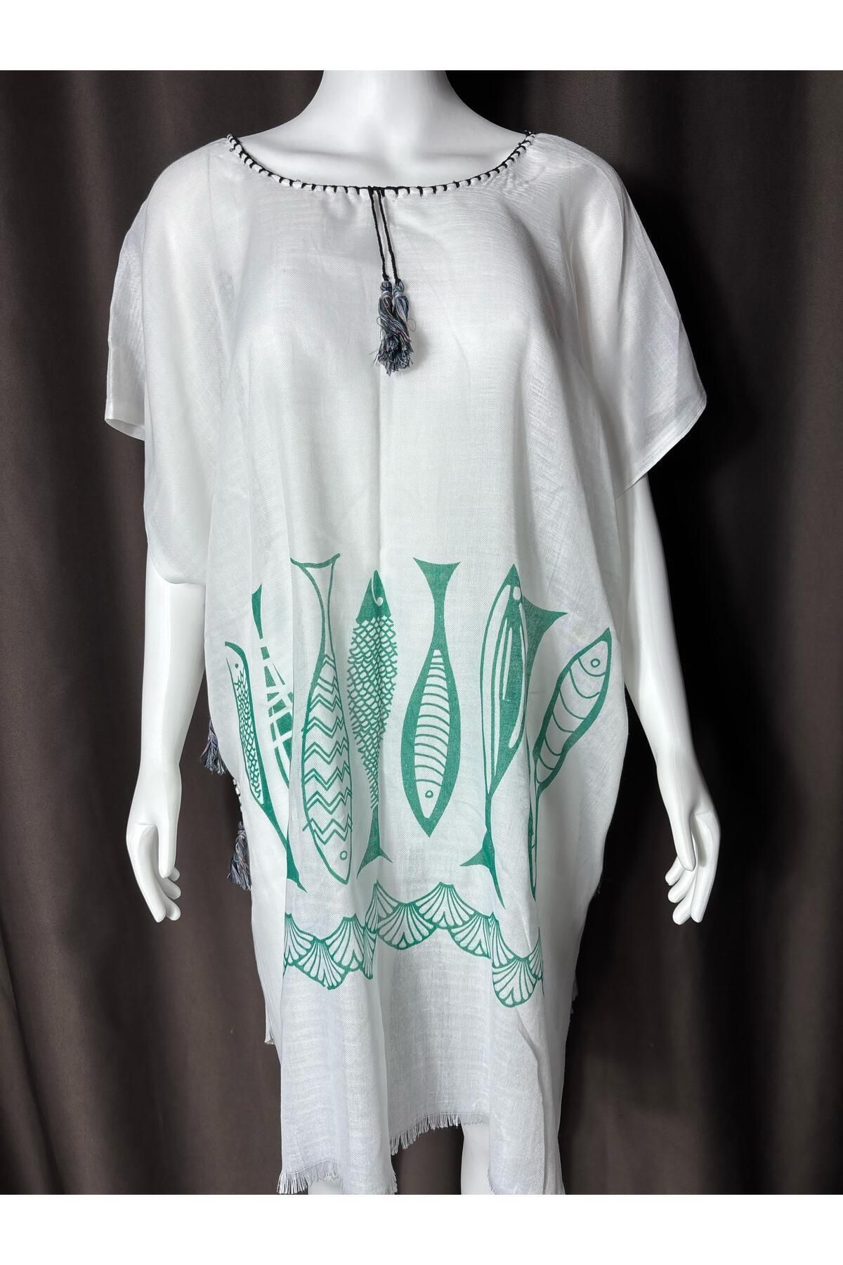 Sobe Hediyelik-Fish Patterned White Pareo – Beach Top Summer Dress, Light and Comfortable Tunic Model (Standard Size) 5