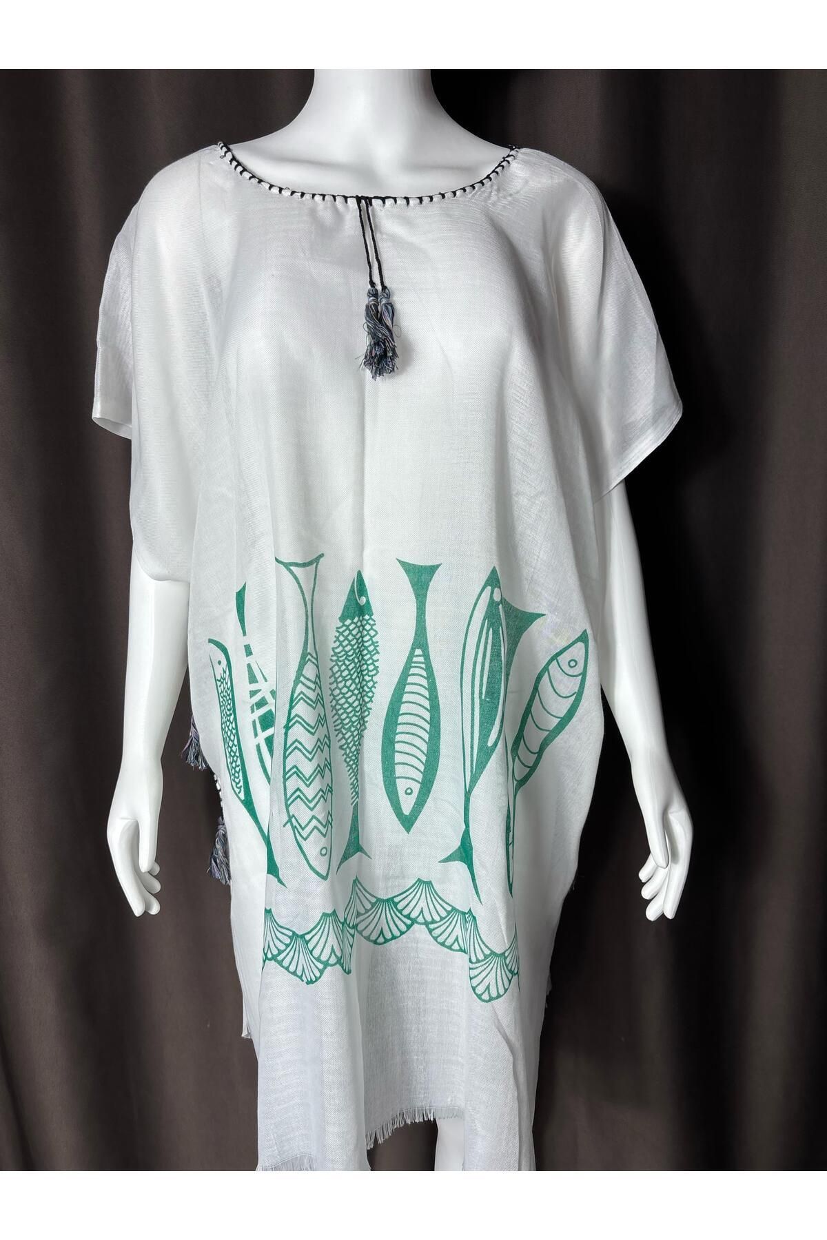 Sobe Hediyelik-Fish Patterned White Pareo – Beach Top Summer Dress, Light and Comfortable Tunic Model (Standard Size) 2