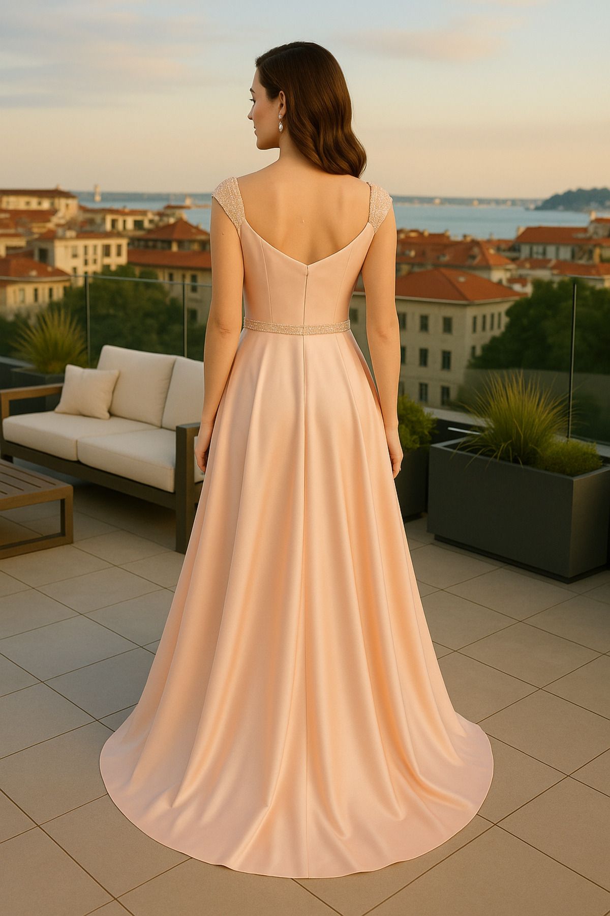Neva Style-Rochie de seara Bulava din satin somon cu margele 44260smn 2