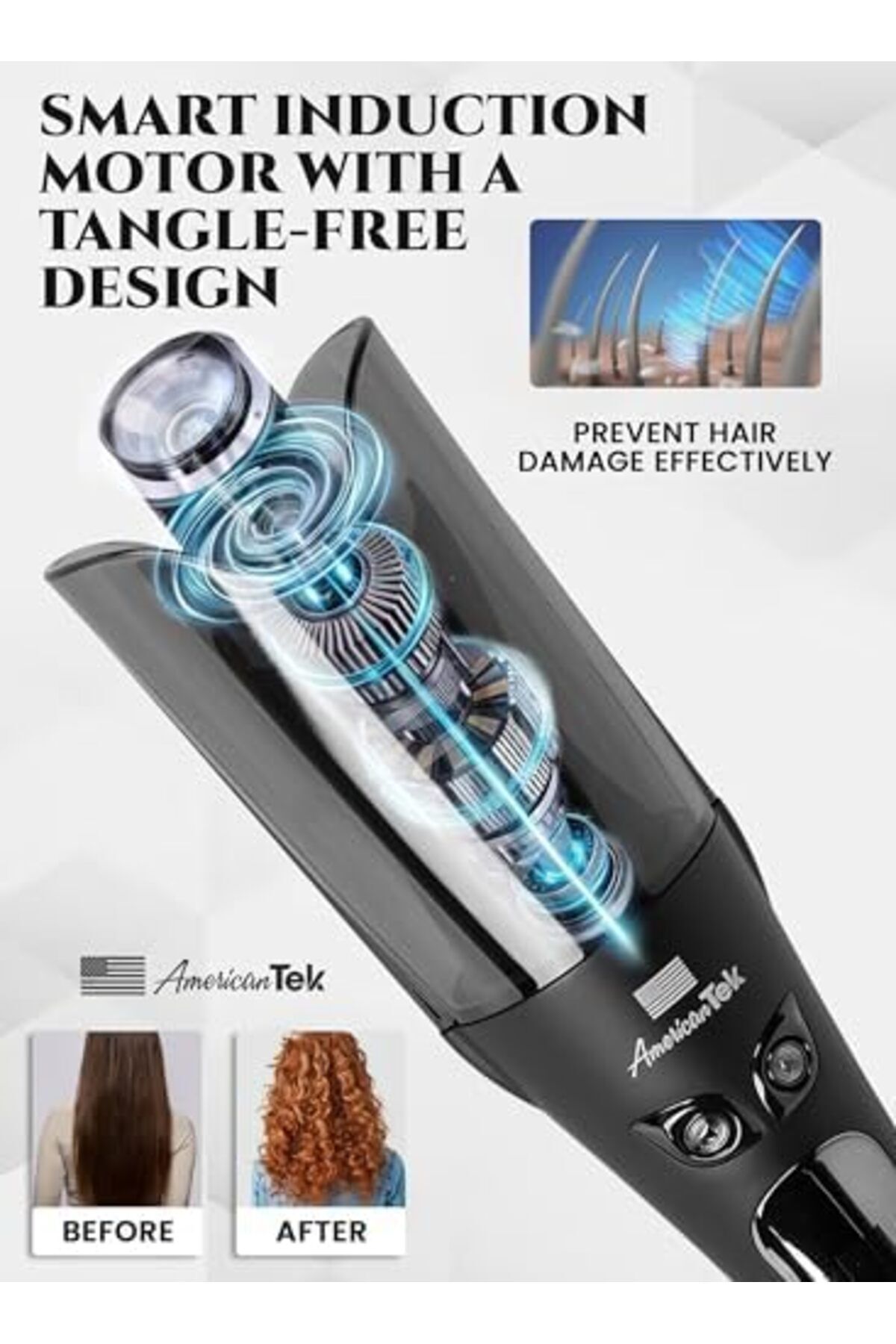 American Tek-Automatic Curling Iron Wand - Auto Curler with 4 Temperatures & 3 Timers & LCD Display, 2