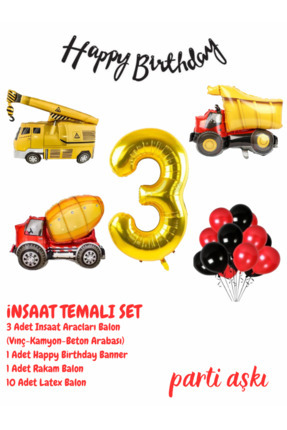 PARTİ AŞKI 3 Yaş İnşaat Arabaları Makinaları Temalı 6'lı Balon Seti&Erkek Çoc...