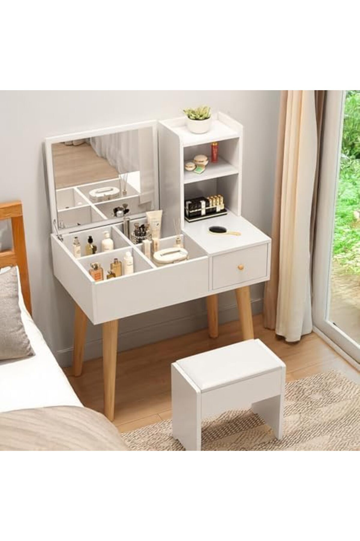 AGD-Makeup Table with Wide Storage Space for Beauty Tools, Equipped with Mirror and Drawers, Dimensions 2