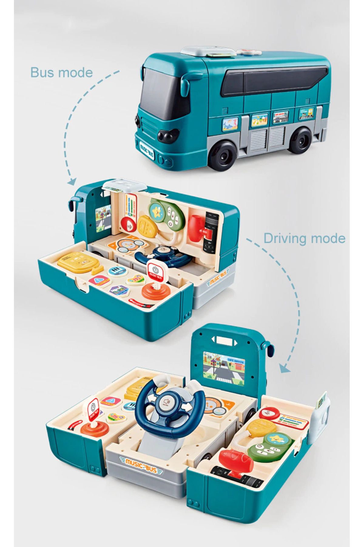OEM-Interactive Toy, Bus, Sounds and Lights, 2 in 1, Driving Simulator, 16 Functions, Blue 5