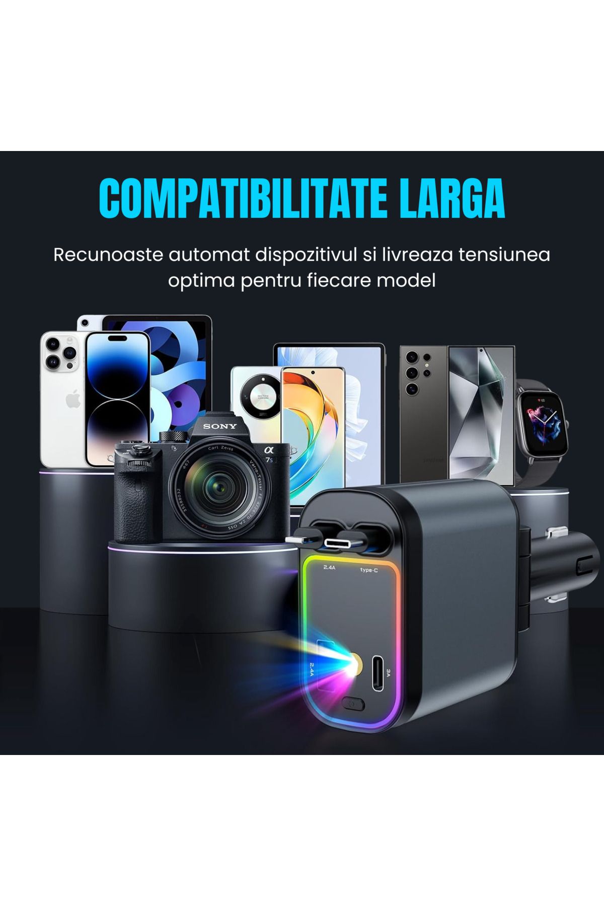SellerRasov doar pregatiti-Incarcator Auto 4 In 1, 66w, Incarcare Rapida, Proiectie Led, Cabluri Type-c Si Lightning 7