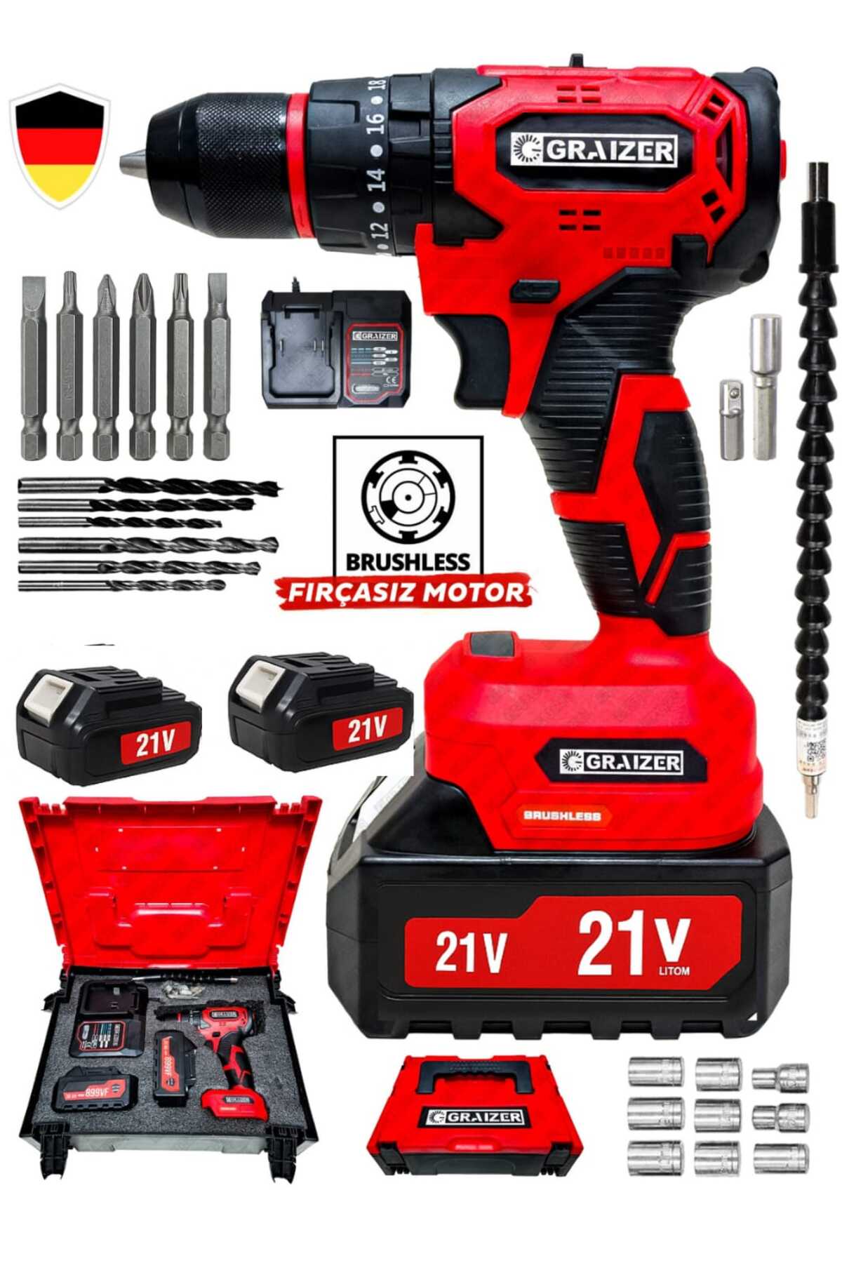 Graizer Alman Technology 21 V Kömürsüz Darbeli Çift Akülü Şarjlı