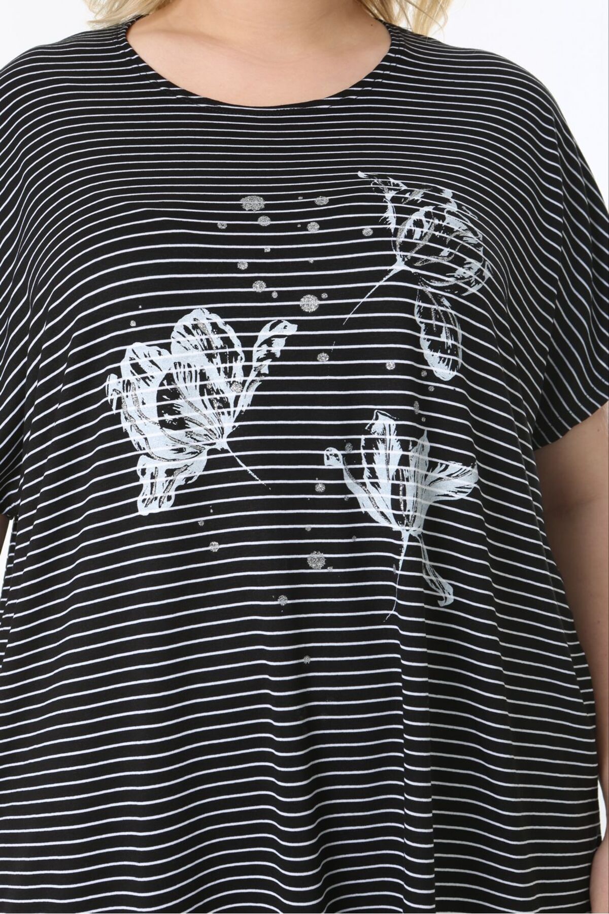tıgersıze-Plus Size Oversize Model Soft Viscosa Fabric Striped Flower Patterned Bluz 7
