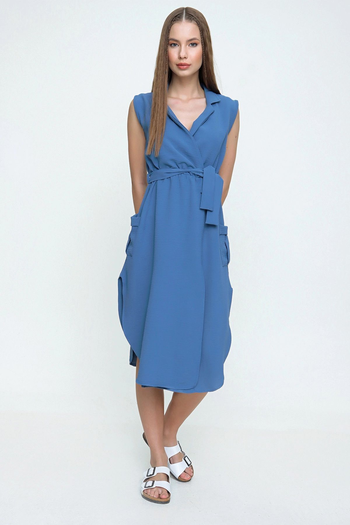 NEW LAVİVA-Jachetă Indigo pentru femei, cu decolteu dublu, rochie cu talie elastică - 700-2881 8