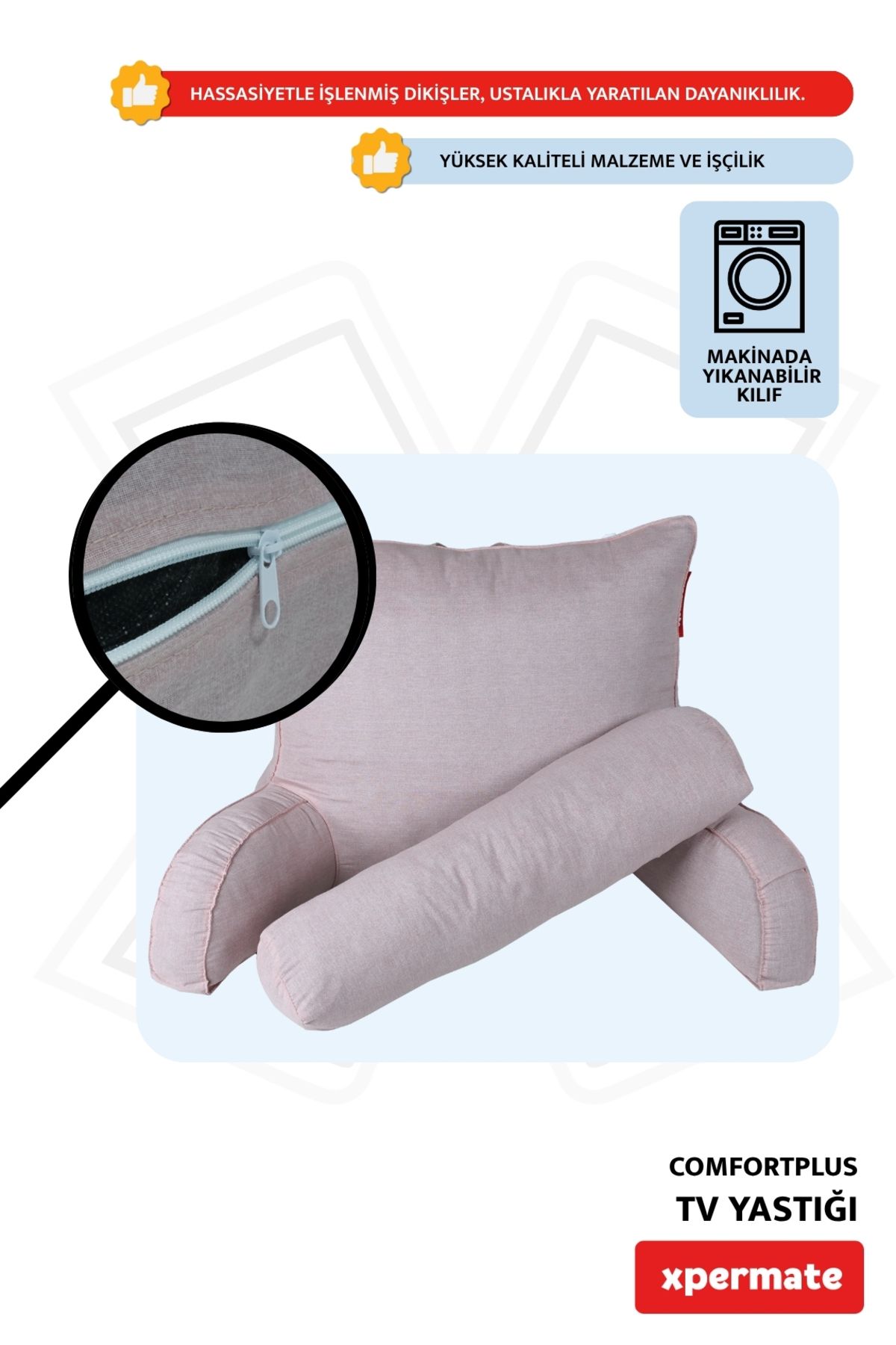 XPERMATE-Pink Comfortplus Tv Pillow - Triangular Pillow with Sleeves, Back Rest, and Lumbar Support 3