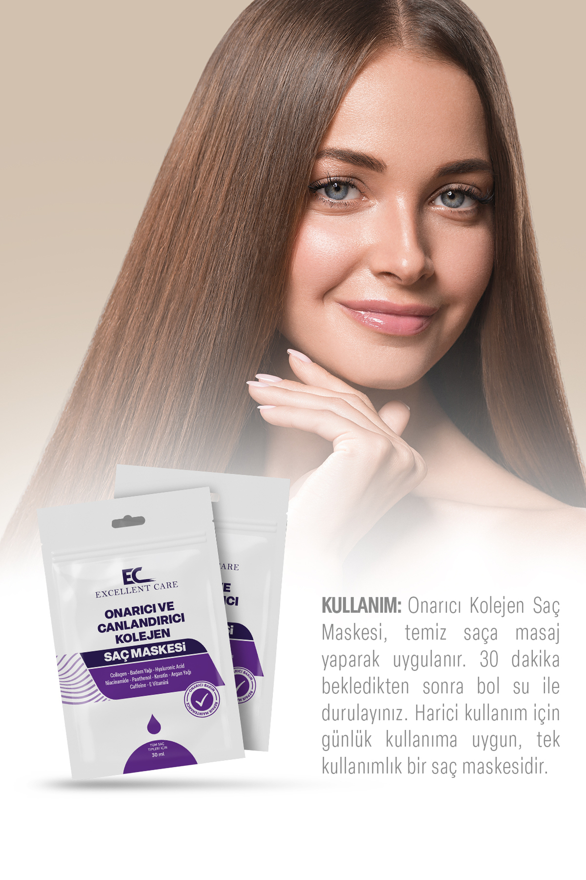 Onarıcı Ve Canlandırıcı Kolajen Saç Maskesi — 30 ml Kolajen Maske — تصویر 4 از 5
