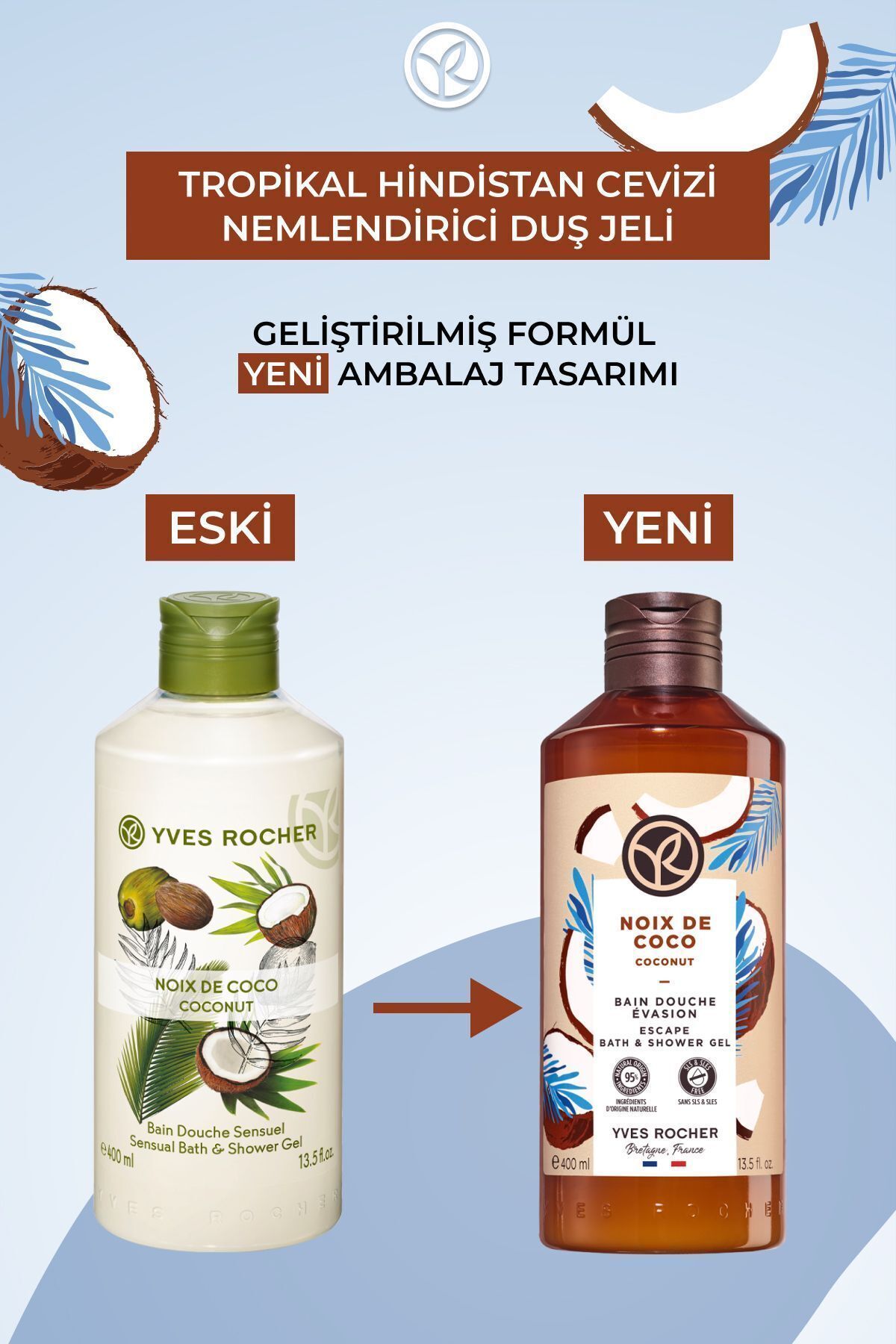 Yves Rocher ژل دوش مرطوب کننده حاوی عصاره نارگیل گرمسیری 400میل