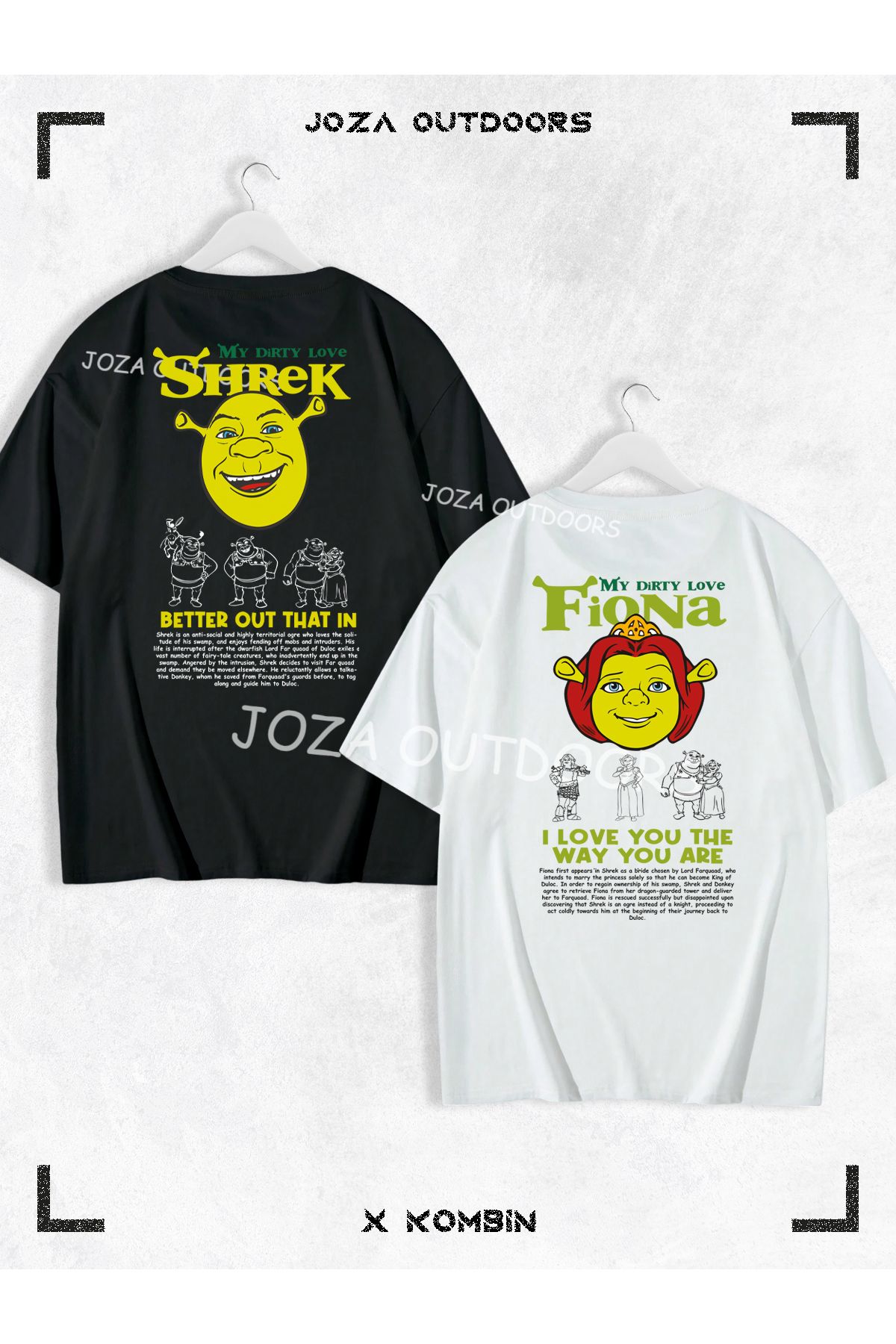 Joza Outdoors Kadın Erkek Shrek Fiona Yazılı SIRT Baskılı Sevgili Çift Kombini Oversize Tshirt 2'li Takım