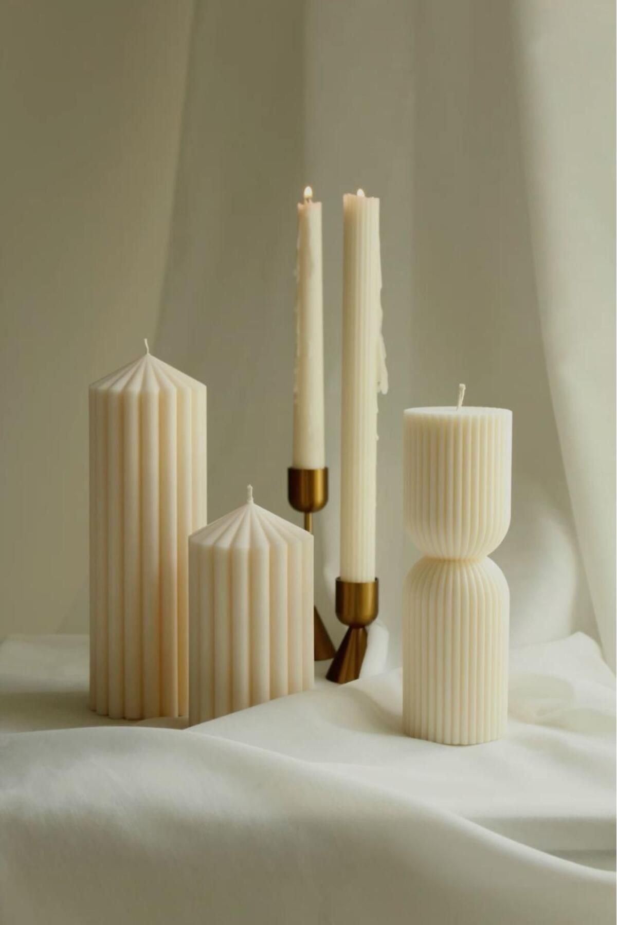 SCA CANDLE Dekoratif mum çokgen +çizgili şamdan Mum Toplam 5 Parça