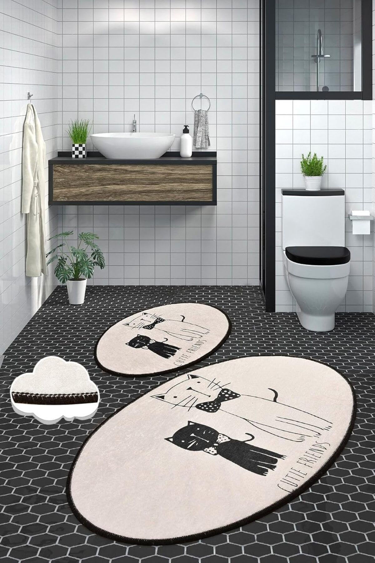 Mena Rise BlackShop Home Lıttle Cats Djt 2li Set Banyo Halısı Paspas, Klozet Takımı 1064272