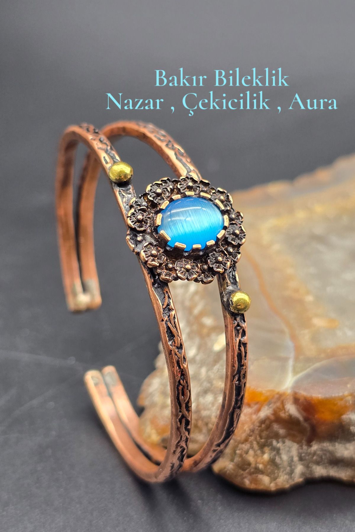 NBS Beautiful Naturel Stones Bakır Bileklik Saf Mavi Nazar Özel Tasarım Ayarlanabilir Çok Kaliteli ( Hediyelik , Günlük , Özel )