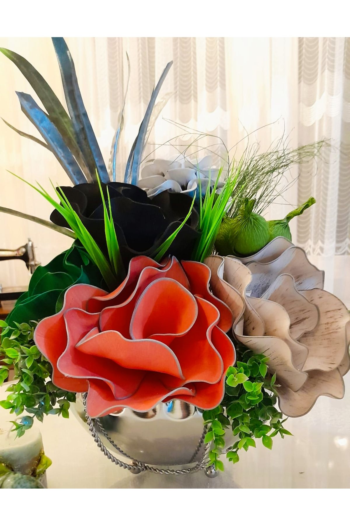Hatem dekor flower Yapay çiçek lateks gümüş renk metal büyük boy vazoda aranjman dekoratif hediye lik ürün el işçiliği