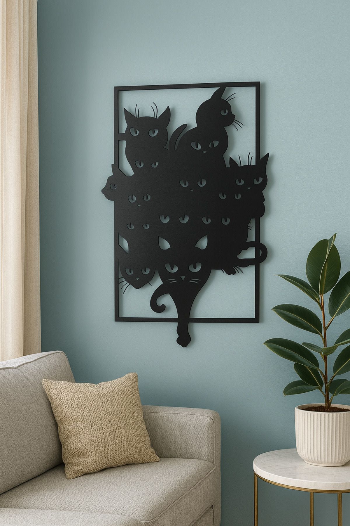 LUNOART Sevimli Kediler Figürlü Metal Tablo | Eğlenceli Duvar Dekoru